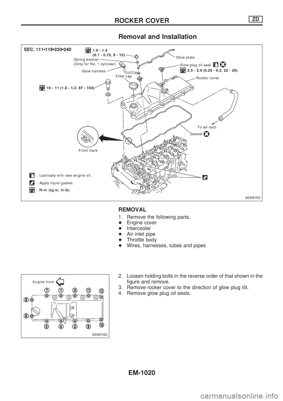 NISSAN PATROL 2000  Electronic Repair Manual Removal and Installation
REMOVAL
1. Remove the following parts.
+Engine cover
+Intercooler
+Air inlet pipe
+Throttle body
+Wires, harnesses, tubes and pipes
2. Loosen holding bolts in the reverse orde