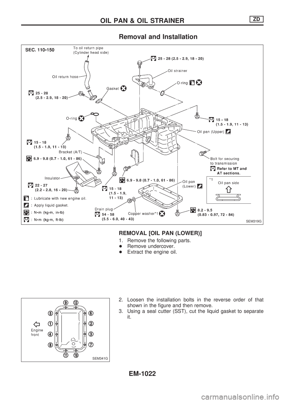NISSAN PATROL 2000  Electronic Repair Manual Removal and Installation
REMOVAL [OIL PAN (LOWER)]
1. Remove the following parts.
+Remove undercover.
+Extract the engine oil.
2. Loosen the installation bolts in the reverse order of that
shown in th