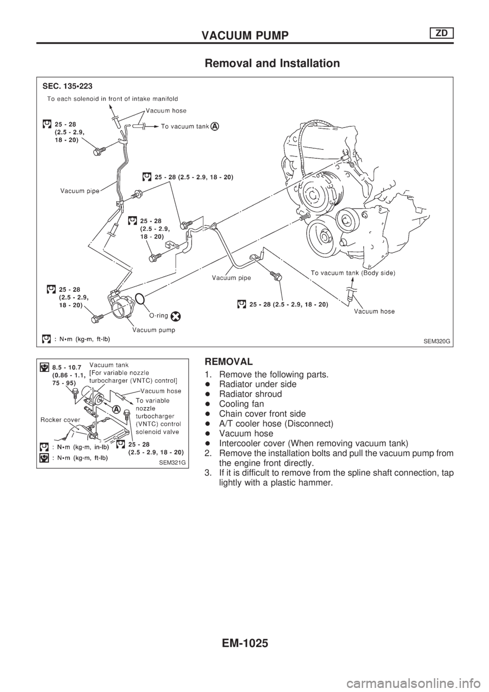 NISSAN PATROL 2000 Electronic Repair Manual Removal and Installation
REMOVAL
1. Remove the following parts.
+Radiator under side
+Radiator shroud
+Cooling fan
+Chain cover front side
+A/T cooler hose (Disconnect)
+Vacuum hose
+Intercooler cover NISSAN PATROL 2000 Electronic Repair Manual Removal and Installation
REMOVAL
1. Remove the following parts.
+Radiator under side
+Radiator shroud
+Cooling fan
+Chain cover front side
+A/T cooler hose (Disconnect)
+Vacuum hose
+Intercooler cover