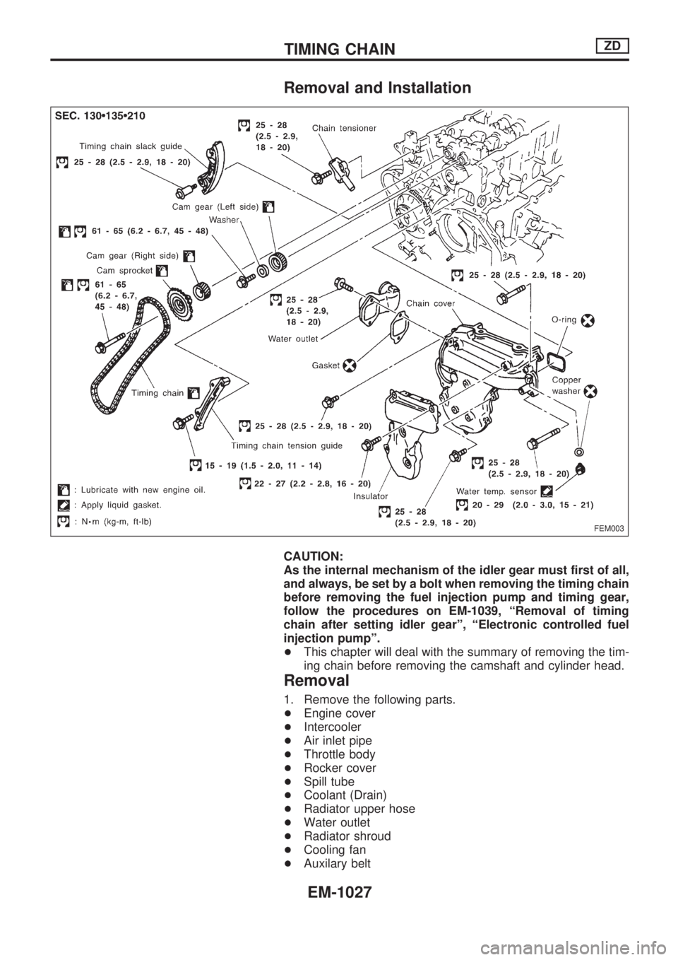 NISSAN PATROL 2000 Electronic Repair Manual Removal and Installation
CAUTION:
As the internal mechanism of the idler gear must first of all,
and always, be set by a bolt when removing the timing chain
before removing the fuel injection pump and NISSAN PATROL 2000 Electronic Repair Manual Removal and Installation
CAUTION:
As the internal mechanism of the idler gear must first of all,
and always, be set by a bolt when removing the timing chain
before removing the fuel injection pump and