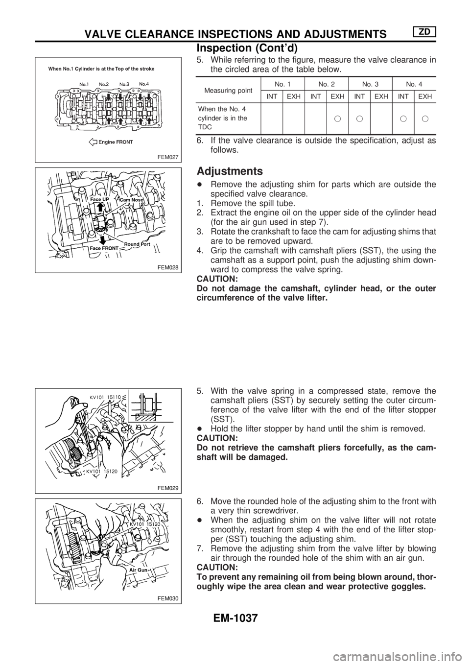 NISSAN PATROL 2000 Electronic Repair Manual 5. While referring to the figure, measure the valve clearance in
the circled area of the table below.
Measuring pointNo. 1 No. 2 No. 3 No. 4
INT EXH INT EXH INT EXH INT EXH
When the No. 4
cylinder is NISSAN PATROL 2000 Electronic Repair Manual 5. While referring to the figure, measure the valve clearance in
the circled area of the table below.
Measuring pointNo. 1 No. 2 No. 3 No. 4
INT EXH INT EXH INT EXH INT EXH
When the No. 4
cylinder is