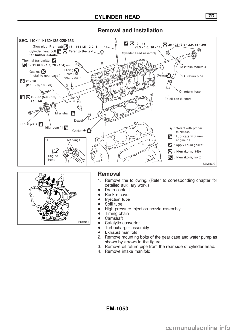 NISSAN PATROL 2000 Electronic Repair Manual Removal and Installation
Removal
1. Remove the following. (Refer to corresponding chapter for
detailed auxiliary work.)
+Drain coolant
+Rocker cover
+Injection tube
+Spill tube
+High pressure injectio NISSAN PATROL 2000 Electronic Repair Manual Removal and Installation
Removal
1. Remove the following. (Refer to corresponding chapter for
detailed auxiliary work.)
+Drain coolant
+Rocker cover
+Injection tube
+Spill tube
+High pressure injectio