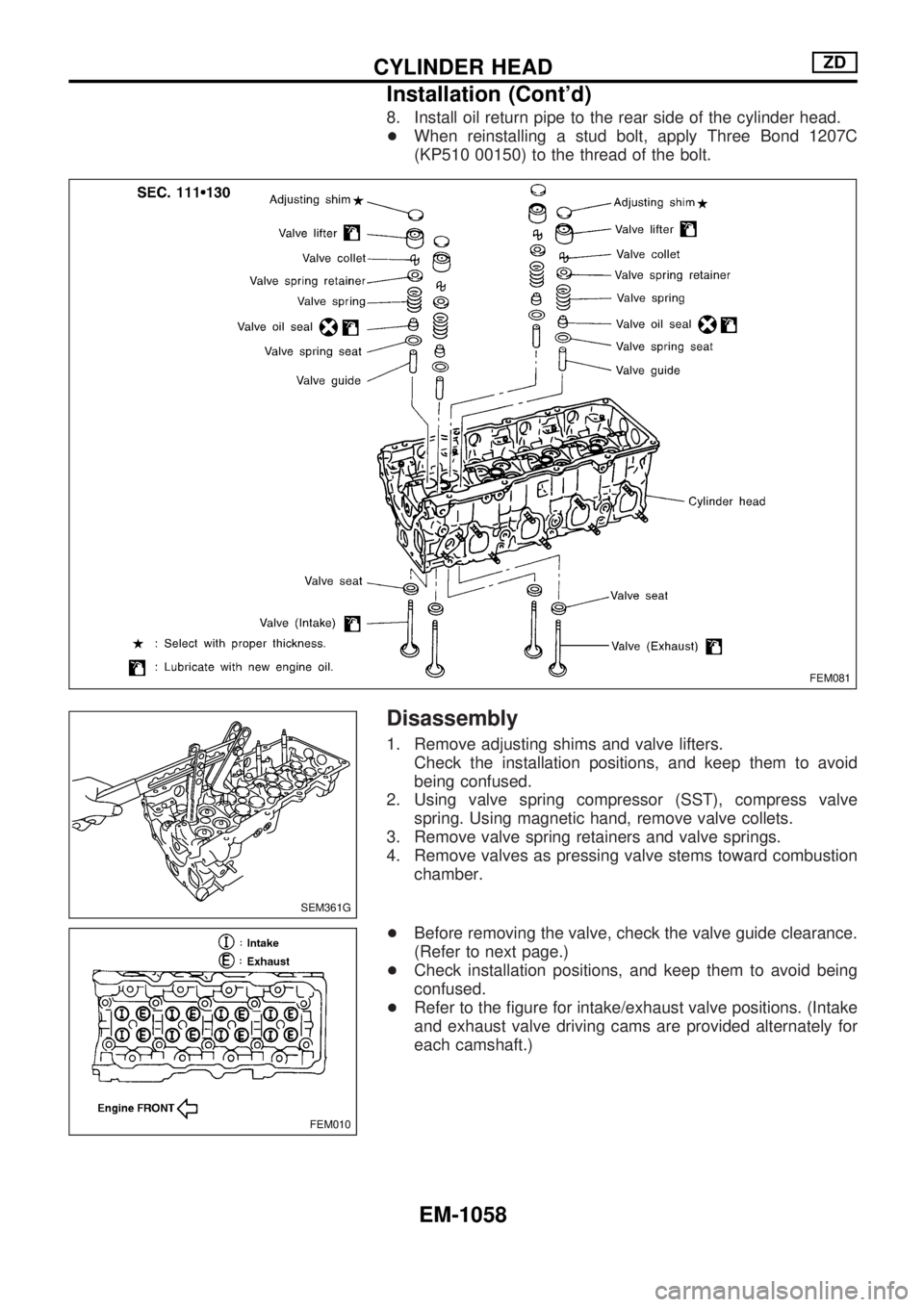 NISSAN PATROL 2000 Electronic Repair Manual 8. Install oil return pipe to the rear side of the cylinder head.
+When reinstalling a stud bolt, apply Three Bond 1207C
(KP510 00150) to the thread of the bolt.
Disassembly
1. Remove adjusting shims NISSAN PATROL 2000 Electronic Repair Manual 8. Install oil return pipe to the rear side of the cylinder head.
+When reinstalling a stud bolt, apply Three Bond 1207C
(KP510 00150) to the thread of the bolt.
Disassembly
1. Remove adjusting shims