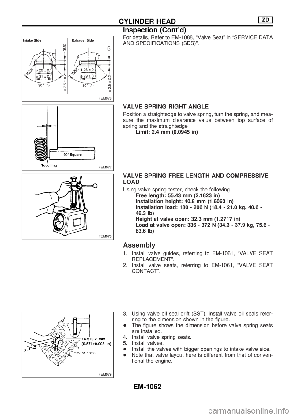 NISSAN PATROL 2000 Electronic Repair Manual For details, Refer to EM-1088, ªValve Seatº in ªSERVICE DATA
AND SPECIFICATIONS (SDS)º.
VALVE SPRING RIGHT ANGLE
Position a straightedge to valve spring, turn the spring, and mea-
sure the maximum NISSAN PATROL 2000 Electronic Repair Manual For details, Refer to EM-1088, ªValve Seatº in ªSERVICE DATA
AND SPECIFICATIONS (SDS)º.
VALVE SPRING RIGHT ANGLE
Position a straightedge to valve spring, turn the spring, and mea-
sure the maximum