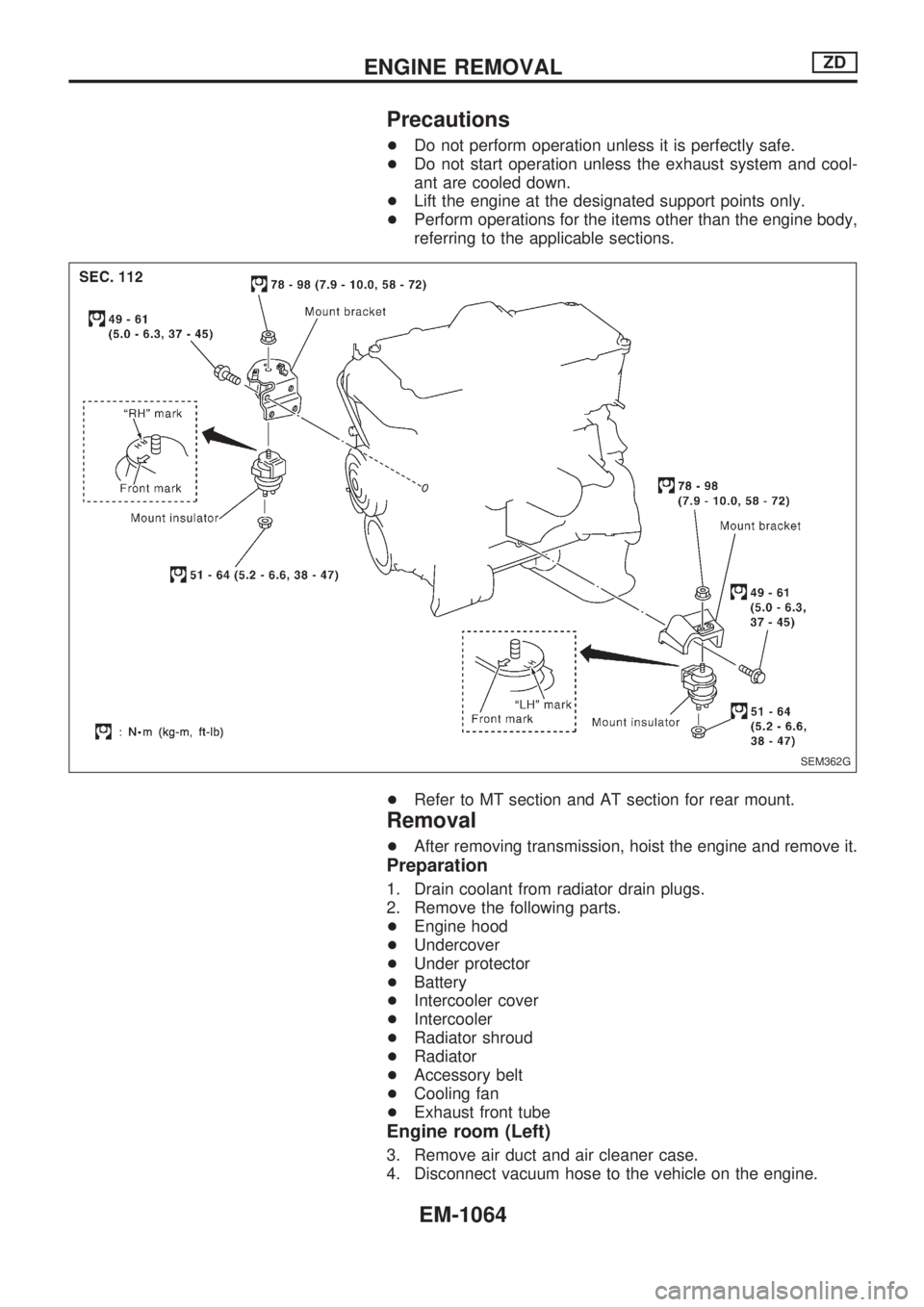 NISSAN PATROL 2000 Electronic Repair Manual Precautions
+Do not perform operation unless it is perfectly safe.
+Do not start operation unless the exhaust system and cool-
ant are cooled down.
+Lift the engine at the designated support points on NISSAN PATROL 2000 Electronic Repair Manual Precautions
+Do not perform operation unless it is perfectly safe.
+Do not start operation unless the exhaust system and cool-
ant are cooled down.
+Lift the engine at the designated support points on