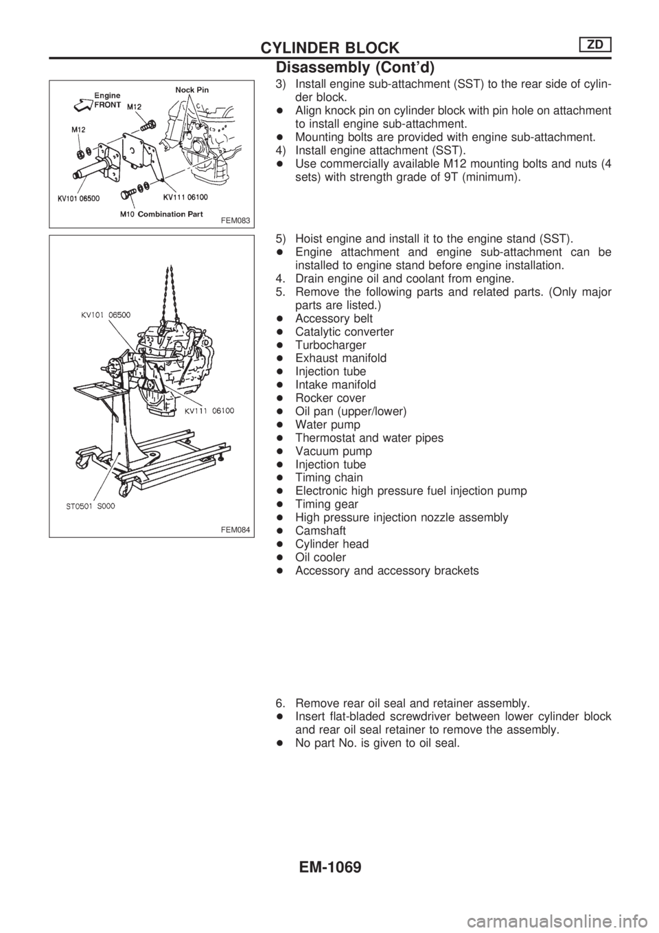 NISSAN PATROL 2000 Electronic Repair Manual 3) Install engine sub-attachment (SST) to the rear side of cylin-
der block.
+Align knock pin on cylinder block with pin hole on attachment
to install engine sub-attachment.
+Mounting bolts are provid NISSAN PATROL 2000 Electronic Repair Manual 3) Install engine sub-attachment (SST) to the rear side of cylin-
der block.
+Align knock pin on cylinder block with pin hole on attachment
to install engine sub-attachment.
+Mounting bolts are provid