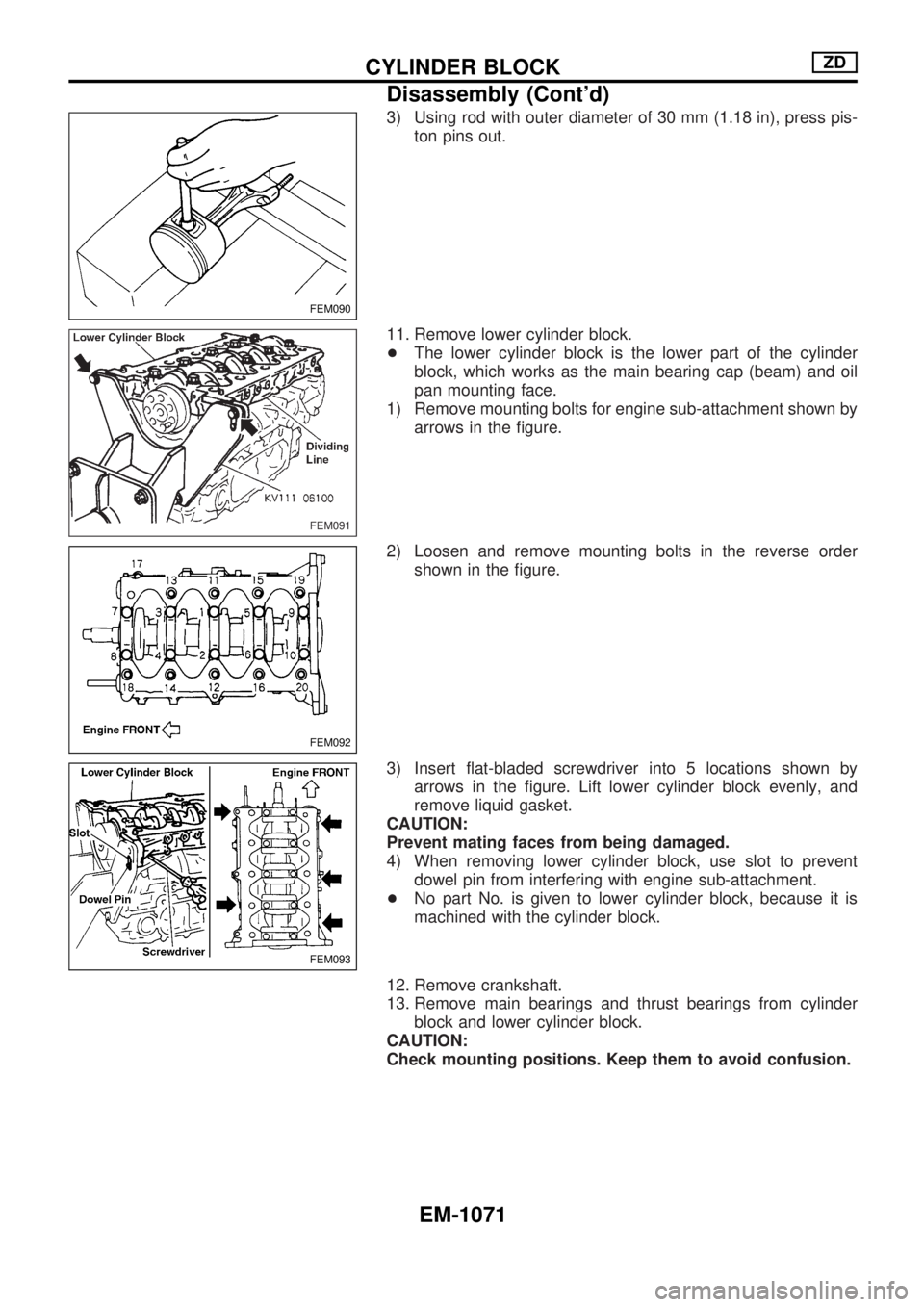 NISSAN PATROL 2000 Electronic Repair Manual 3) Using rod with outer diameter of 30 mm (1.18 in), press pis-
ton pins out.
11. Remove lower cylinder block.
+The lower cylinder block is the lower part of the cylinder
block, which works as the mai NISSAN PATROL 2000 Electronic Repair Manual 3) Using rod with outer diameter of 30 mm (1.18 in), press pis-
ton pins out.
11. Remove lower cylinder block.
+The lower cylinder block is the lower part of the cylinder
block, which works as the mai