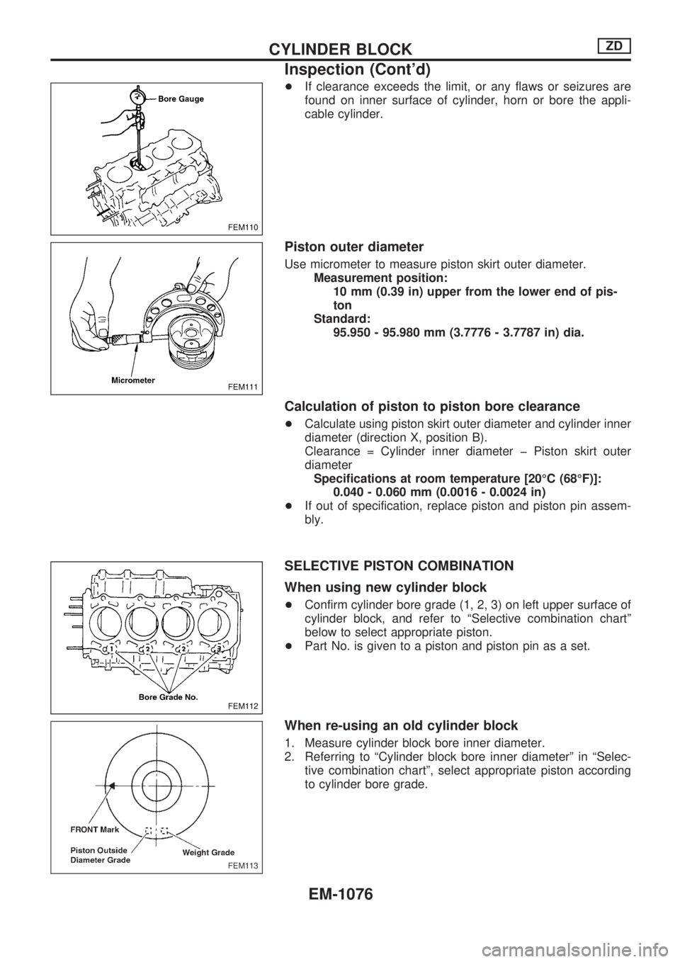 NISSAN PATROL 2000 Electronic Repair Manual +If clearance exceeds the limit, or any flaws or seizures are
found on inner surface of cylinder, horn or bore the appli-
cable cylinder.
Piston outer diameter
Use micrometer to measure piston skirt o NISSAN PATROL 2000 Electronic Repair Manual +If clearance exceeds the limit, or any flaws or seizures are
found on inner surface of cylinder, horn or bore the appli-
cable cylinder.
Piston outer diameter
Use micrometer to measure piston skirt o