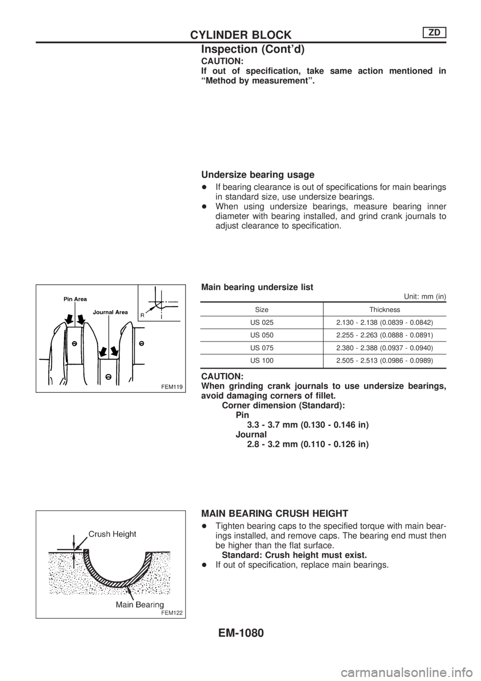 NISSAN PATROL 2000 Electronic Repair Manual CAUTION:
If out of specification, take same action mentioned in
ªMethod by measurementº.
Undersize bearing usage
+If bearing clearance is out of specifications for main bearings
in standard size, us NISSAN PATROL 2000 Electronic Repair Manual CAUTION:
If out of specification, take same action mentioned in
ªMethod by measurementº.
Undersize bearing usage
+If bearing clearance is out of specifications for main bearings
in standard size, us