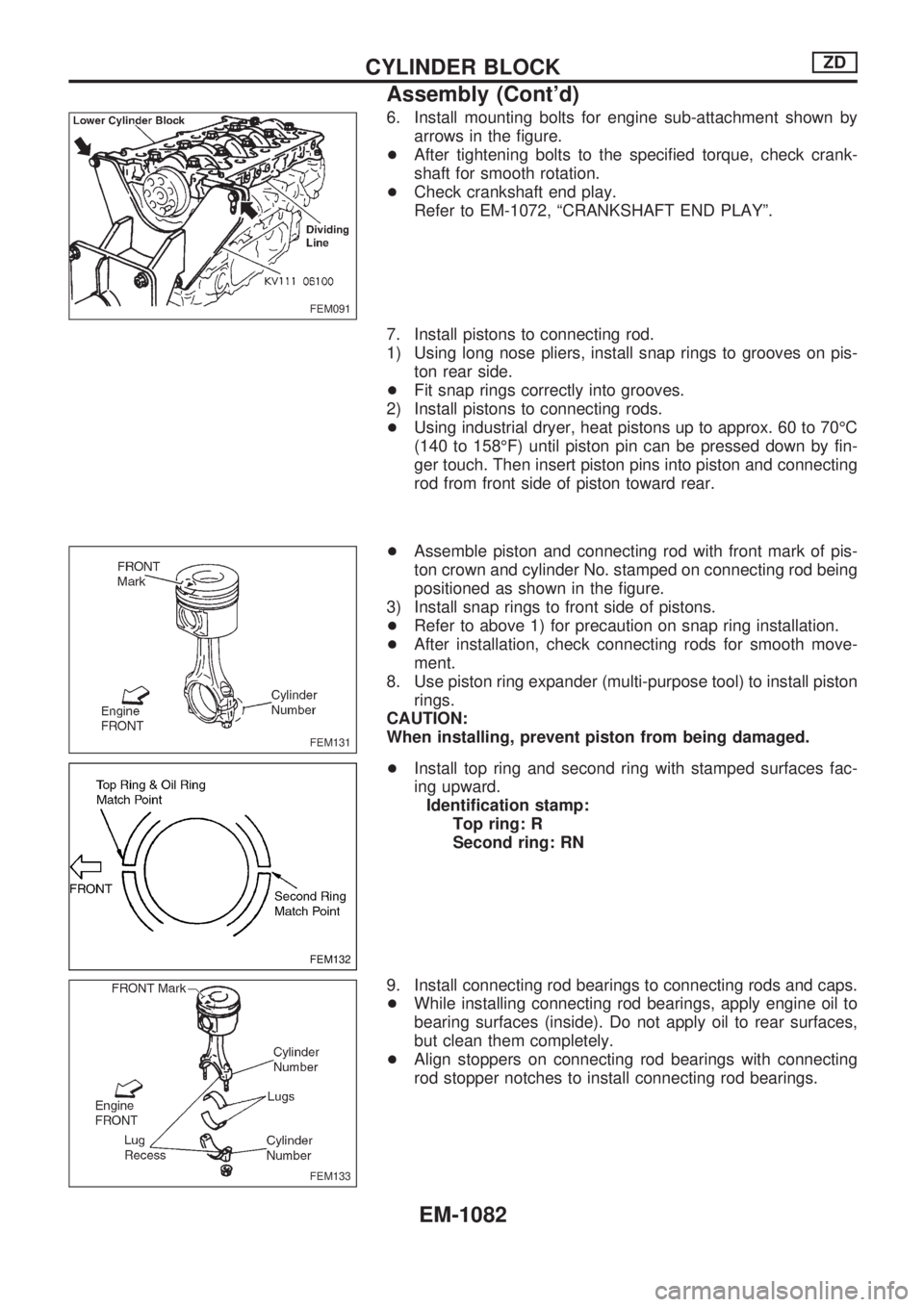 NISSAN PATROL 2000 Electronic Repair Manual 6. Install mounting bolts for engine sub-attachment shown by
arrows in the figure.
+After tightening bolts to the specified torque, check crank-
shaft for smooth rotation.
+Check crankshaft end play.
NISSAN PATROL 2000 Electronic Repair Manual 6. Install mounting bolts for engine sub-attachment shown by
arrows in the figure.
+After tightening bolts to the specified torque, check crank-
shaft for smooth rotation.
+Check crankshaft end play.