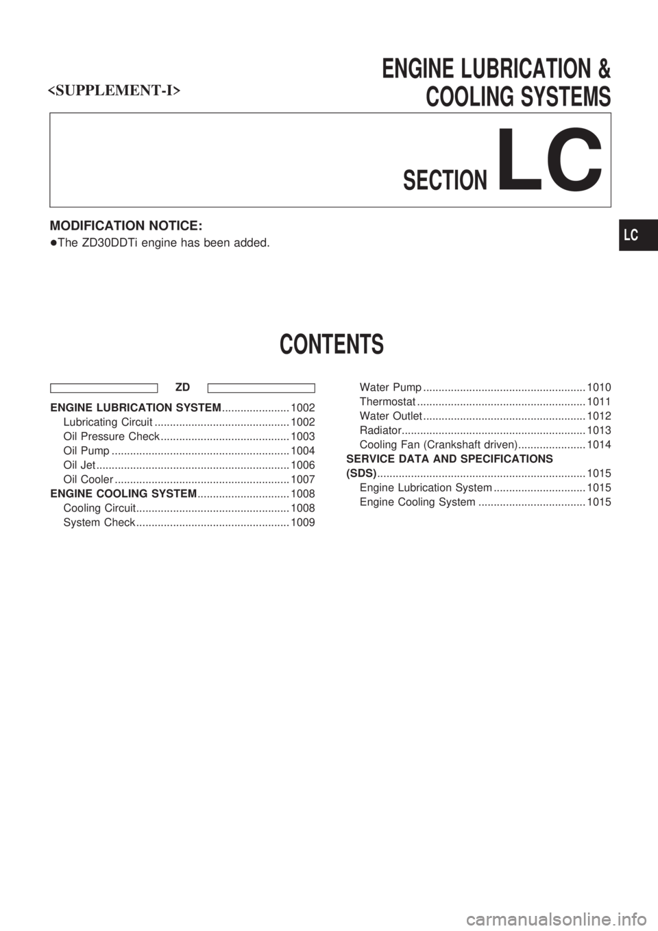 NISSAN PATROL 2000  Electronic Repair Manual ENGINE LUBRICATION &
COOLING SYSTEMS
SECTION
LC
MODIFICATION NOTICE:
+The ZD30DDTi engine has been added.
CONTENTS
ZD
ENGINE LUBRICATION SYSTEM...................... 1002
Lubricating Circuit .........