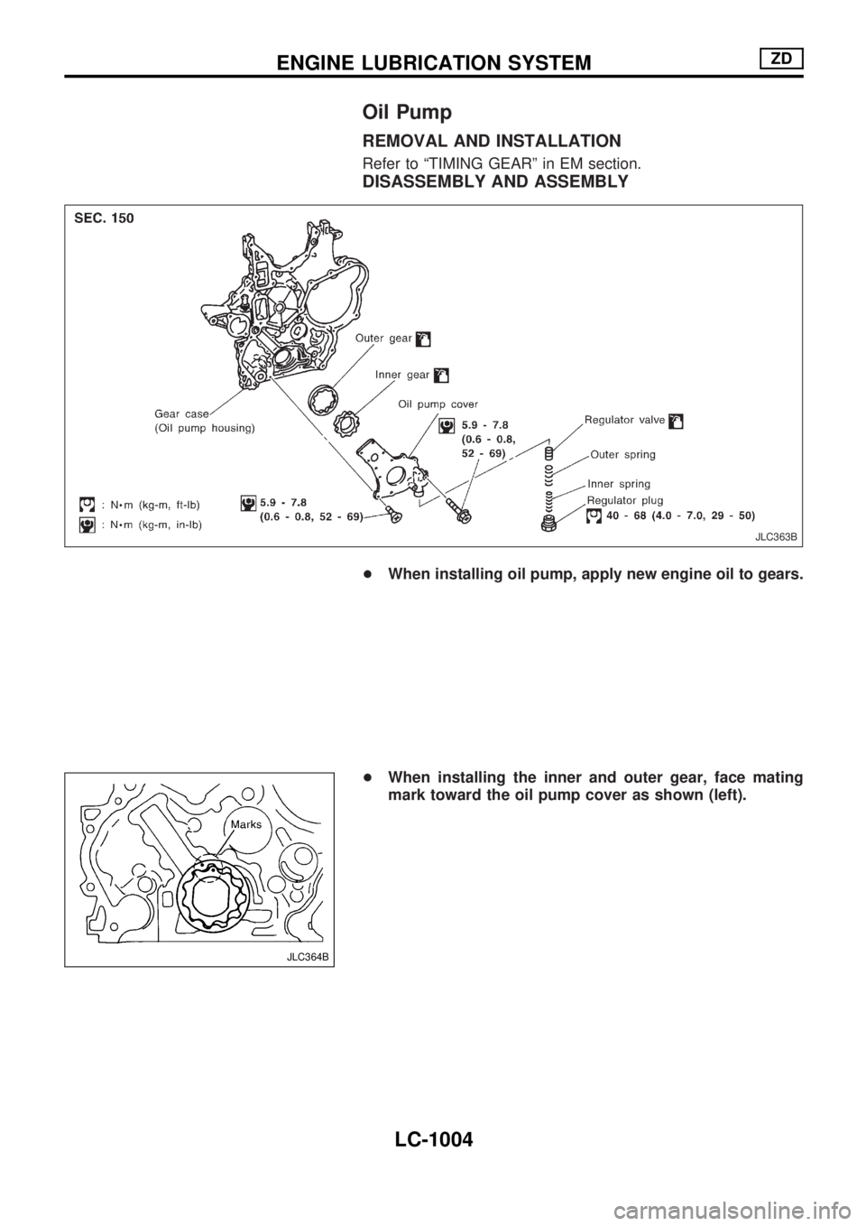 NISSAN PATROL 2000  Electronic Repair Manual Oil Pump
REMOVAL AND INSTALLATION
Refer to ªTIMING GEARº in EM section.
DISASSEMBLY AND ASSEMBLY
+When installing oil pump, apply new engine oil to gears.
+When installing the inner and outer gear, 