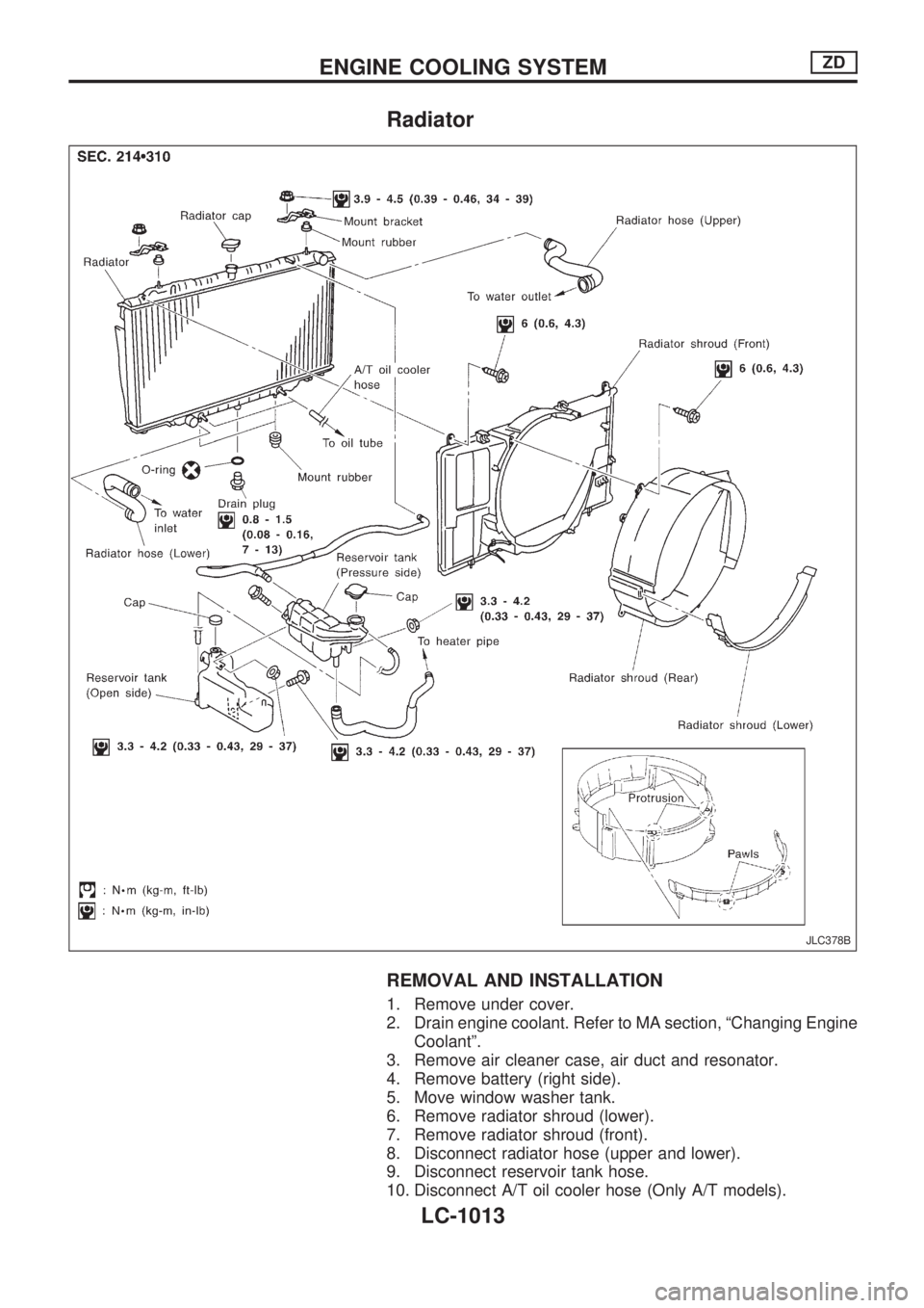 NISSAN PATROL 2000  Electronic Repair Manual Radiator
REMOVAL AND INSTALLATION
1. Remove under cover.
2. Drain engine coolant. Refer to MA section, ªChanging Engine
Coolantº.
3. Remove air cleaner case, air duct and resonator.
4. Remove batter