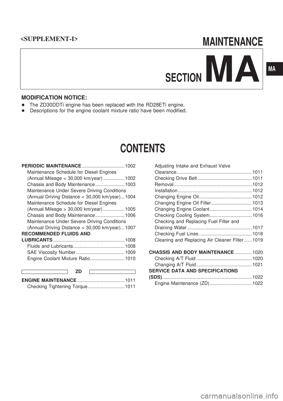 NISSAN PATROL 2000  Electronic Repair Manual MAINTENANCE
SECTION
MA
MODIFICATION NOTICE:
+ The ZD30DDTi engine has been replaced with the RD28ETi engine.
+ Descriptions for the engine coolant mixture ratio have been modified.
CONTENTS
PERIODIC M