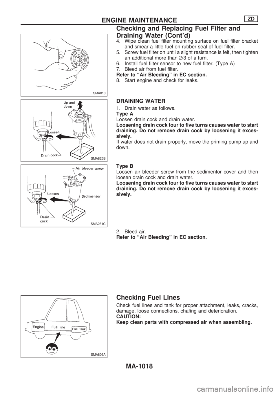 NISSAN PATROL 2000 Electronic Repair Manual 4. Wipe clean fuel filter mounting surface on fuel filter bracket
and smear a little fuel on rubber seal of fuel filter.
5. Screw fuel filter on until a slight resistance is felt, then tighten
an addi NISSAN PATROL 2000 Electronic Repair Manual 4. Wipe clean fuel filter mounting surface on fuel filter bracket
and smear a little fuel on rubber seal of fuel filter.
5. Screw fuel filter on until a slight resistance is felt, then tighten
an addi