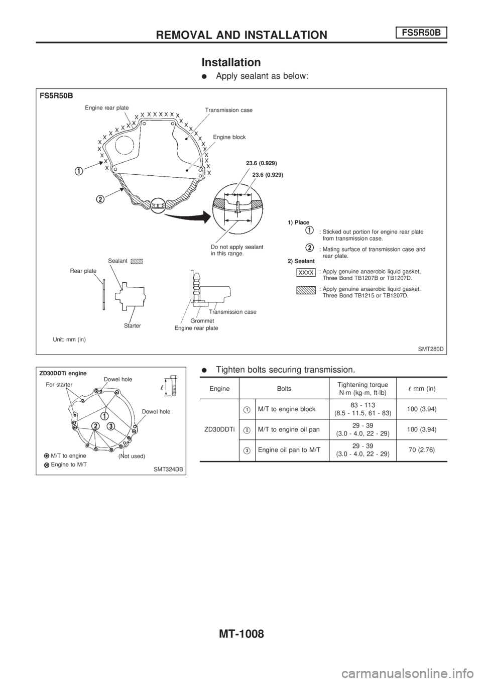 NISSAN PATROL 2000 Electronic Repair Manual Installation
lApply sealant as below:
lTighten bolts securing transmission.
Engine BoltsTightening torque
N´m (kg-m, ft-lb)!mm (in)
ZD30DDTi
V1M/T to engine block83 - 113
(8.5 - 11.5, 61 - 83)100 (3. NISSAN PATROL 2000 Electronic Repair Manual Installation
lApply sealant as below:
lTighten bolts securing transmission.
Engine BoltsTightening torque
N´m (kg-m, ft-lb)!mm (in)
ZD30DDTi
V1M/T to engine block83 - 113
(8.5 - 11.5, 61 - 83)100 (3.