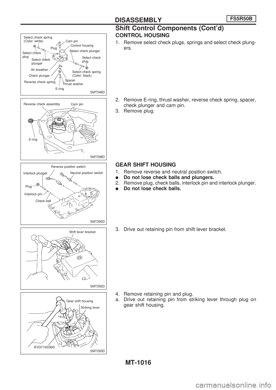 NISSAN PATROL 2000 Electronic Repair Manual CONTROL HOUSING
1. Remove select check plugs, springs and select check plung-
ers.
2. Remove E-ring, thrust washer, reverse check spring, spacer,
check plunger and cam pin.
3. Remove plug.
GEAR SHIFT NISSAN PATROL 2000 Electronic Repair Manual CONTROL HOUSING
1. Remove select check plugs, springs and select check plung-
ers.
2. Remove E-ring, thrust washer, reverse check spring, spacer,
check plunger and cam pin.
3. Remove plug.
GEAR SHIFT