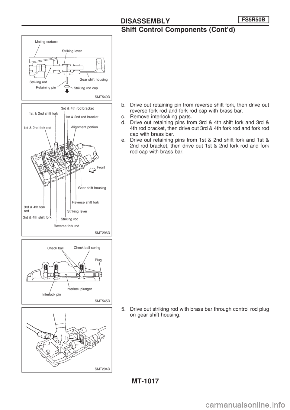 NISSAN PATROL 2000 Electronic Repair Manual b. Drive out retaining pin from reverse shift fork, then drive out
reverse fork rod and fork rod cap with brass bar.
c. Remove interlocking parts.
d. Drive out retaining pins from 3rd & 4th shift fork NISSAN PATROL 2000 Electronic Repair Manual b. Drive out retaining pin from reverse shift fork, then drive out
reverse fork rod and fork rod cap with brass bar.
c. Remove interlocking parts.
d. Drive out retaining pins from 3rd & 4th shift fork