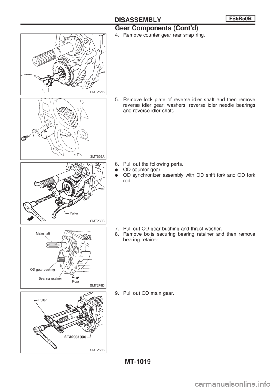 NISSAN PATROL 2000 Electronic Repair Manual 4. Remove counter gear rear snap ring.
5. Remove lock plate of reverse idler shaft and then remove
reverse idler gear, washers, reverse idler needle bearings
and reverse idler shaft.
6. Pull out the f NISSAN PATROL 2000 Electronic Repair Manual 4. Remove counter gear rear snap ring.
5. Remove lock plate of reverse idler shaft and then remove
reverse idler gear, washers, reverse idler needle bearings
and reverse idler shaft.
6. Pull out the f