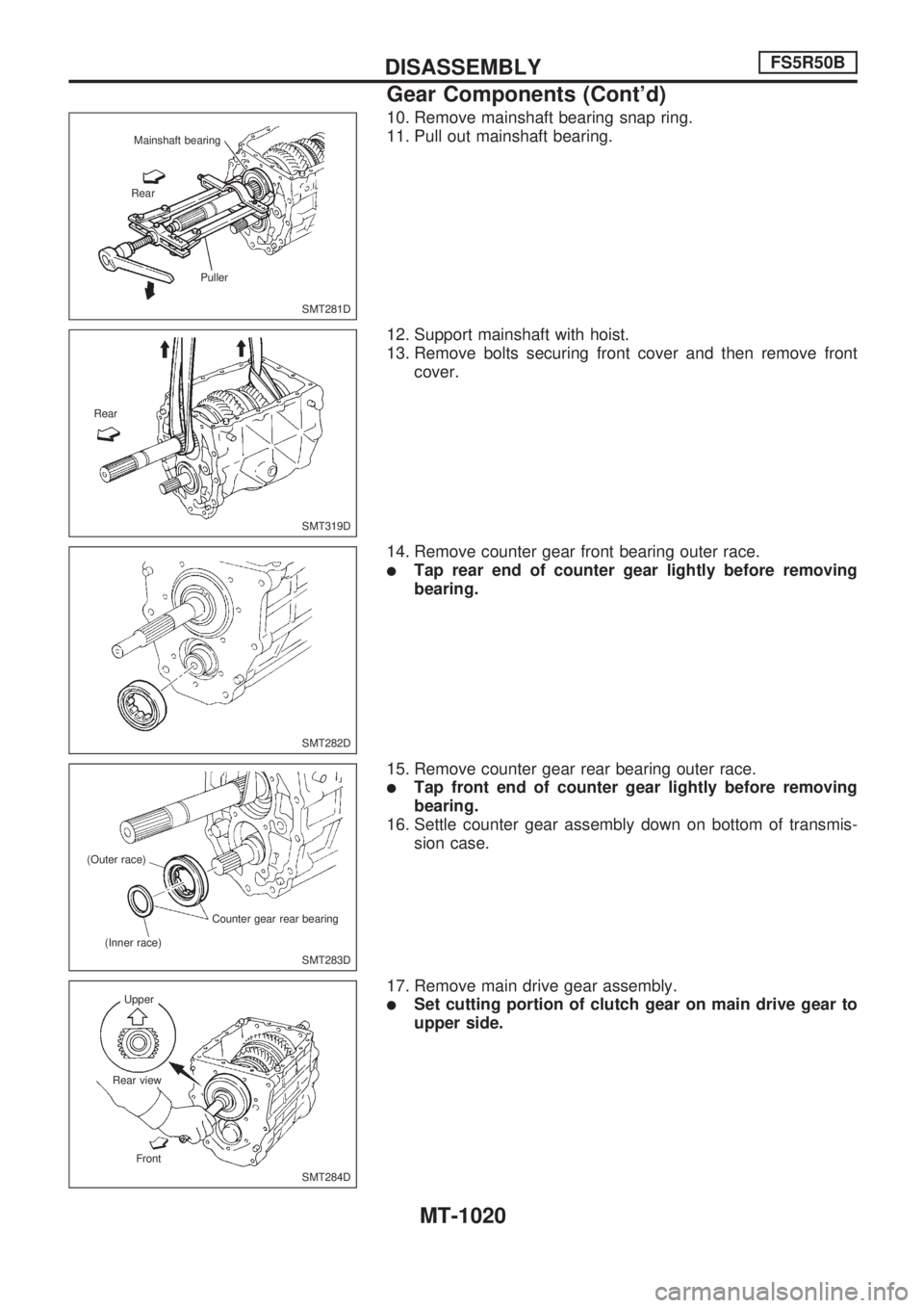 NISSAN PATROL 2000 Electronic Repair Manual 10. Remove mainshaft bearing snap ring.
11. Pull out mainshaft bearing.
12. Support mainshaft with hoist.
13. Remove bolts securing front cover and then remove front
cover.
14. Remove counter gear fro NISSAN PATROL 2000 Electronic Repair Manual 10. Remove mainshaft bearing snap ring.
11. Pull out mainshaft bearing.
12. Support mainshaft with hoist.
13. Remove bolts securing front cover and then remove front
cover.
14. Remove counter gear fro