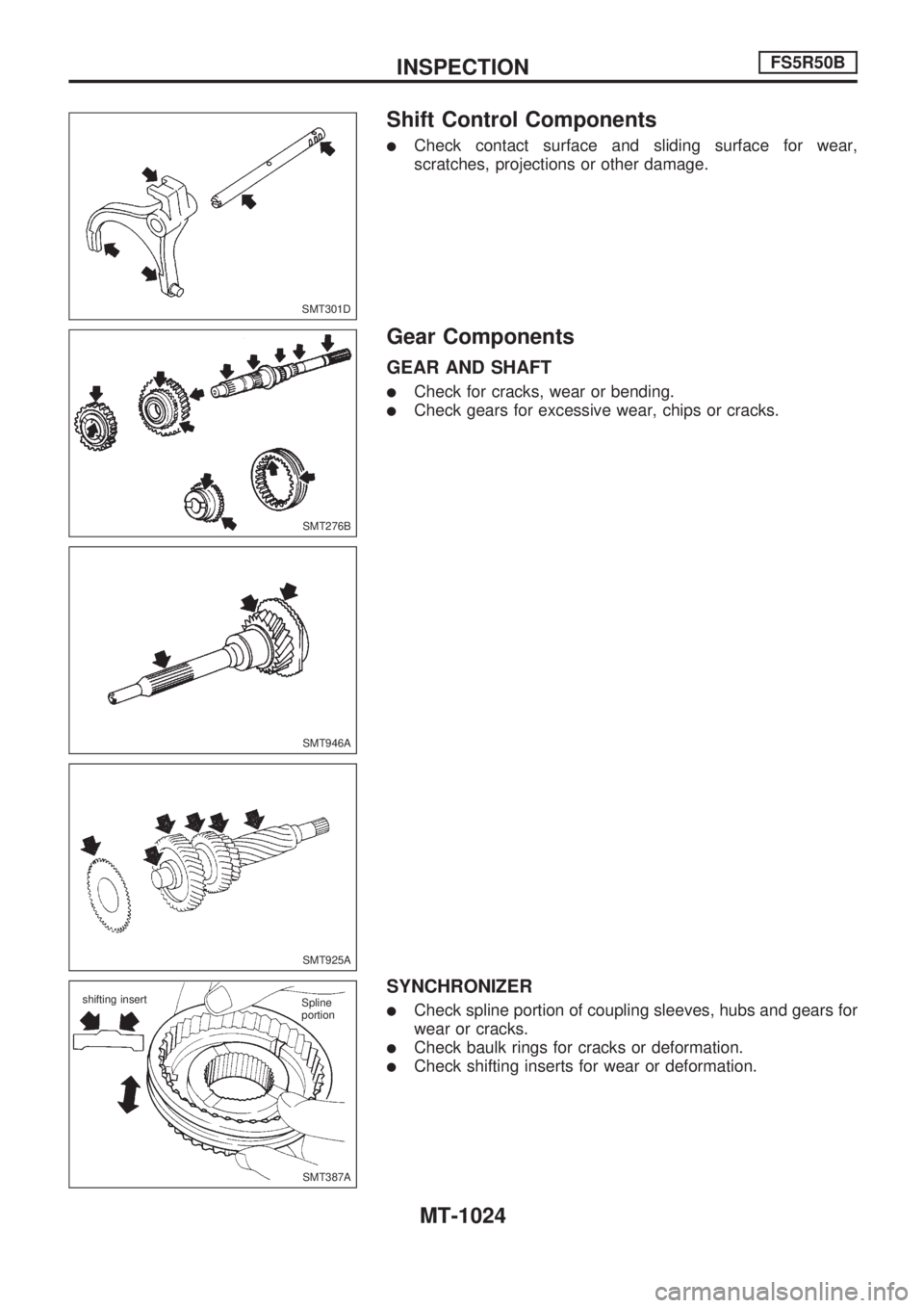 NISSAN PATROL 2000 Electronic Repair Manual Shift Control Components
lCheck contact surface and sliding surface for wear,
scratches, projections or other damage.
Gear Components
GEAR AND SHAFT
lCheck for cracks, wear or bending.
lCheck gears fo NISSAN PATROL 2000 Electronic Repair Manual Shift Control Components
lCheck contact surface and sliding surface for wear,
scratches, projections or other damage.
Gear Components
GEAR AND SHAFT
lCheck for cracks, wear or bending.
lCheck gears fo