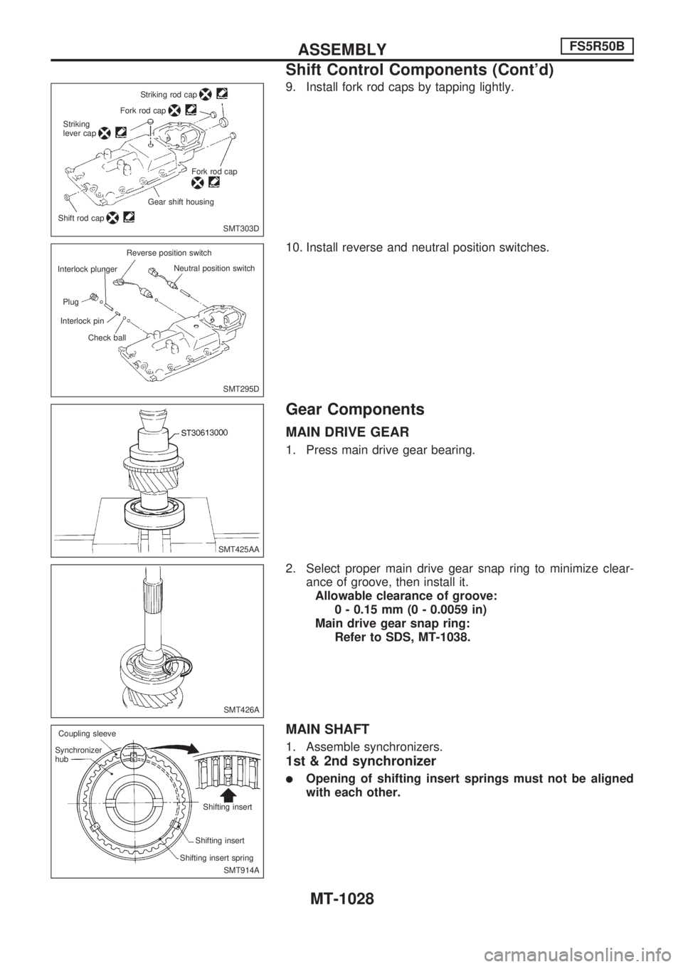 NISSAN PATROL 2000 Electronic Repair Manual 9. Install fork rod caps by tapping lightly.
10. Install reverse and neutral position switches.
Gear Components
MAIN DRIVE GEAR
1. Press main drive gear bearing.
2. Select proper main drive gear snap NISSAN PATROL 2000 Electronic Repair Manual 9. Install fork rod caps by tapping lightly.
10. Install reverse and neutral position switches.
Gear Components
MAIN DRIVE GEAR
1. Press main drive gear bearing.
2. Select proper main drive gear snap