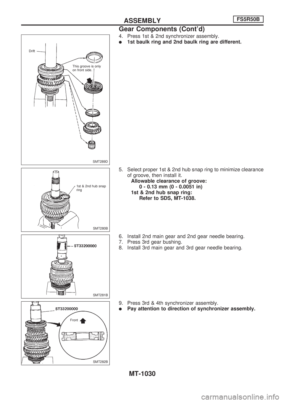 NISSAN PATROL 2000 Electronic Repair Manual 4. Press 1st & 2nd synchronizer assembly.
l1st baulk ring and 2nd baulk ring are different.
5. Select proper 1st & 2nd hub snap ring to minimize clearance
of groove, then install it.
Allowable clearan NISSAN PATROL 2000 Electronic Repair Manual 4. Press 1st & 2nd synchronizer assembly.
l1st baulk ring and 2nd baulk ring are different.
5. Select proper 1st & 2nd hub snap ring to minimize clearance
of groove, then install it.
Allowable clearan