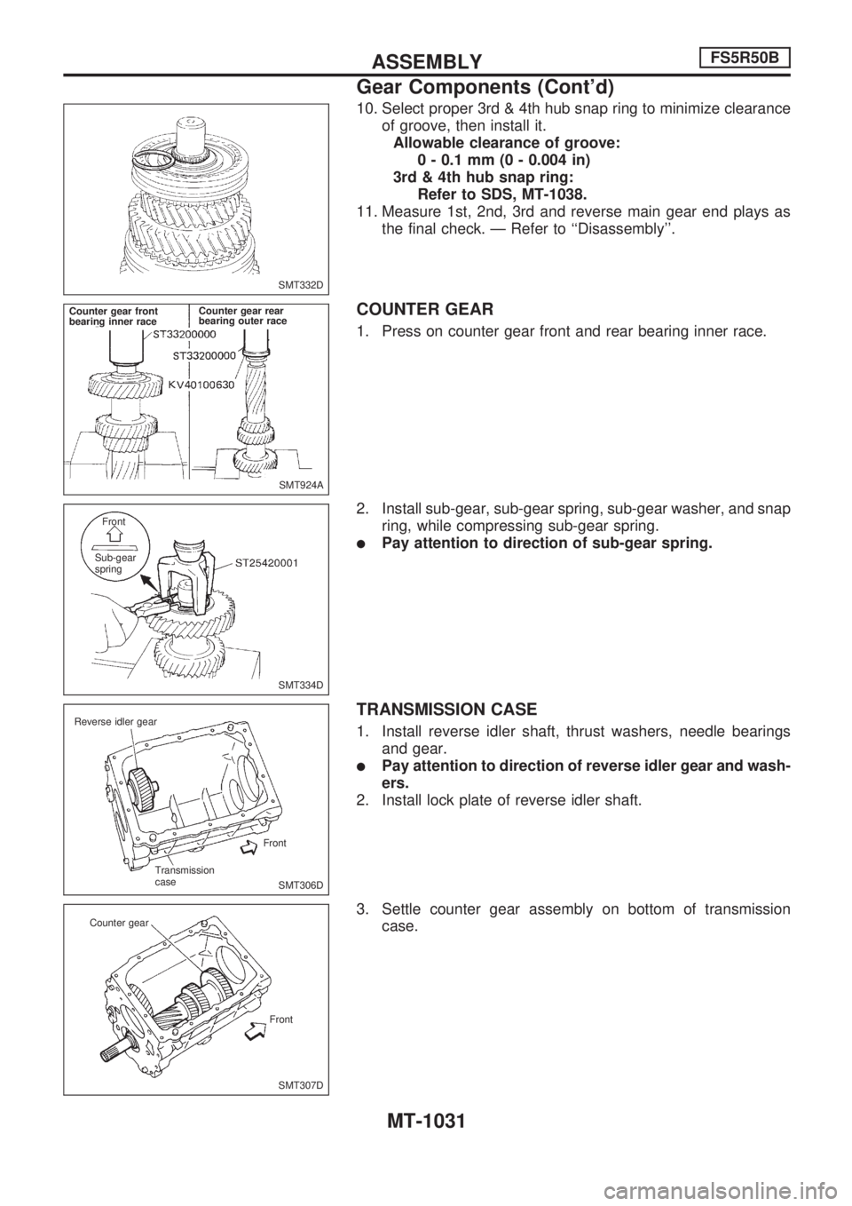 NISSAN PATROL 2000 Electronic Repair Manual 10. Select proper 3rd & 4th hub snap ring to minimize clearance
of groove, then install it.
Allowable clearance of groove:
0 - 0.1 mm (0 - 0.004 in)
3rd & 4th hub snap ring:
Refer to SDS, MT-1038.
11. NISSAN PATROL 2000 Electronic Repair Manual 10. Select proper 3rd & 4th hub snap ring to minimize clearance
of groove, then install it.
Allowable clearance of groove:
0 - 0.1 mm (0 - 0.004 in)
3rd & 4th hub snap ring:
Refer to SDS, MT-1038.
11.