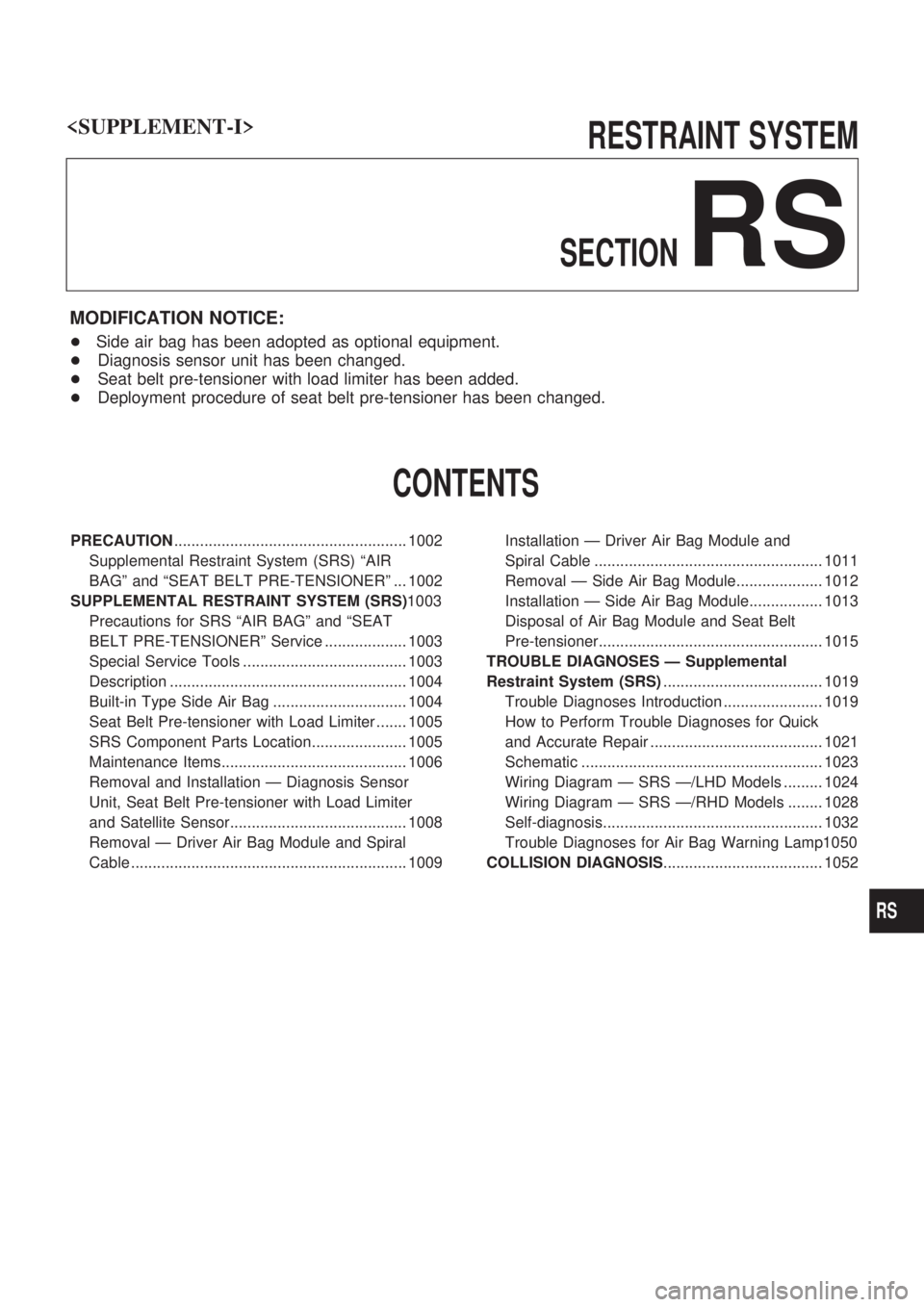 NISSAN PATROL 2000 Electronic Repair Manual RESTRAINT SYSTEM
SECTION
RS
MODIFICATION NOTICE:
+Side air bag has been adopted as optional equipment.
+Diagnosis sensor unit has been changed.
+Seat belt pre-tensioner with load limiter has been adde NISSAN PATROL 2000 Electronic Repair Manual RESTRAINT SYSTEM
SECTION
RS
MODIFICATION NOTICE:
+Side air bag has been adopted as optional equipment.
+Diagnosis sensor unit has been changed.
+Seat belt pre-tensioner with load limiter has been adde
