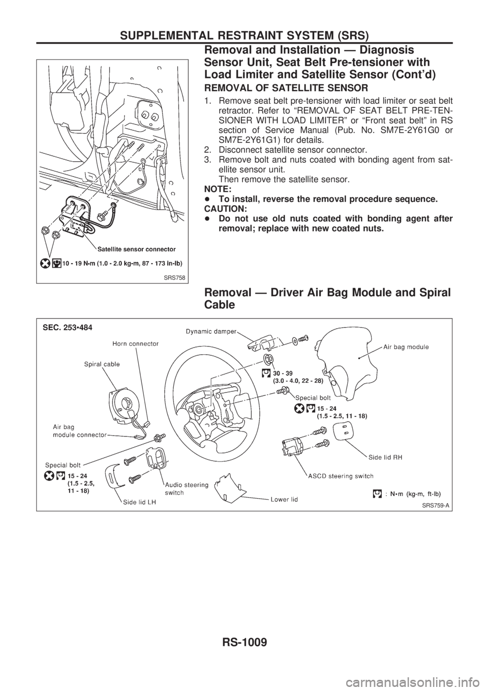 NISSAN PATROL 2000 Electronic Repair Manual REMOVAL OF SATELLITE SENSOR
1. Remove seat belt pre-tensioner with load limiter or seat belt
retractor. Refer to ªREMOVAL OF SEAT BELT PRE-TEN-
SIONER WITH LOAD LIMITERº or ªFront seat beltº in RS NISSAN PATROL 2000 Electronic Repair Manual REMOVAL OF SATELLITE SENSOR
1. Remove seat belt pre-tensioner with load limiter or seat belt
retractor. Refer to ªREMOVAL OF SEAT BELT PRE-TEN-
SIONER WITH LOAD LIMITERº or ªFront seat beltº in RS
