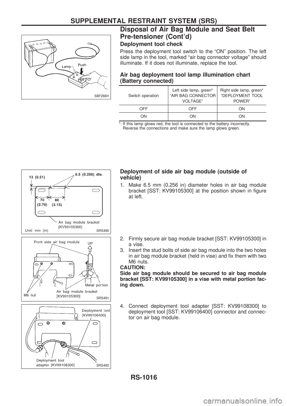 NISSAN PATROL 2000 Electronic Repair Manual Deployment tool check
Press the deployment tool switch to the ªONº position. The left
side lamp in the tool, marked ªair bag connector voltageº should
illuminate. If it does not illuminate, replac NISSAN PATROL 2000 Electronic Repair Manual Deployment tool check
Press the deployment tool switch to the ªONº position. The left
side lamp in the tool, marked ªair bag connector voltageº should
illuminate. If it does not illuminate, replac
