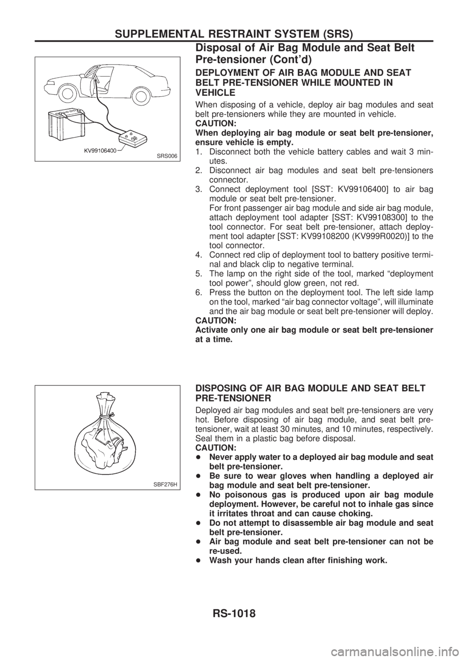 NISSAN PATROL 2000 Electronic Repair Manual DEPLOYMENT OF AIR BAG MODULE AND SEAT
BELT PRE-TENSIONER WHILE MOUNTED IN
VEHICLE
When disposing of a vehicle, deploy air bag modules and seat
belt pre-tensioners while they are mounted in vehicle.
CA NISSAN PATROL 2000 Electronic Repair Manual DEPLOYMENT OF AIR BAG MODULE AND SEAT
BELT PRE-TENSIONER WHILE MOUNTED IN
VEHICLE
When disposing of a vehicle, deploy air bag modules and seat
belt pre-tensioners while they are mounted in vehicle.
CA