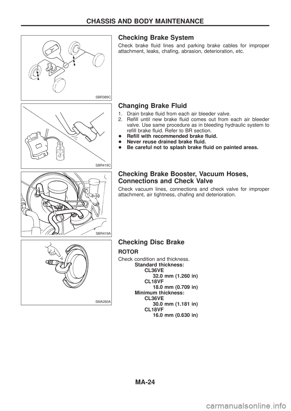 NISSAN PATROL 2006  Service Manual Checking Brake System
Check brake ¯uid lines and parking brake cables for improper
attachment, leaks, cha®ng, abrasion, deterioration, etc.
Changing Brake Fluid
1. Drain brake ¯uid from each air bl