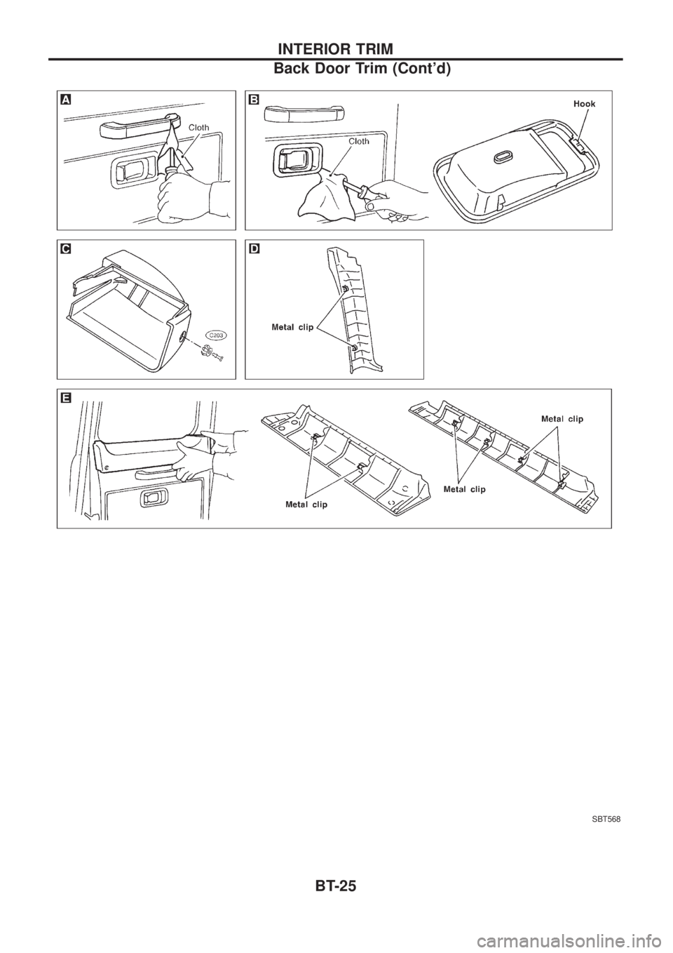 NISSAN PATROL 2006 Service Manual SBT568
INTERIOR TRIM
Back Door Trim (Contd)
BT-25 NISSAN PATROL 2006 Service Manual SBT568
INTERIOR TRIM
Back Door Trim (Contd)
BT-25