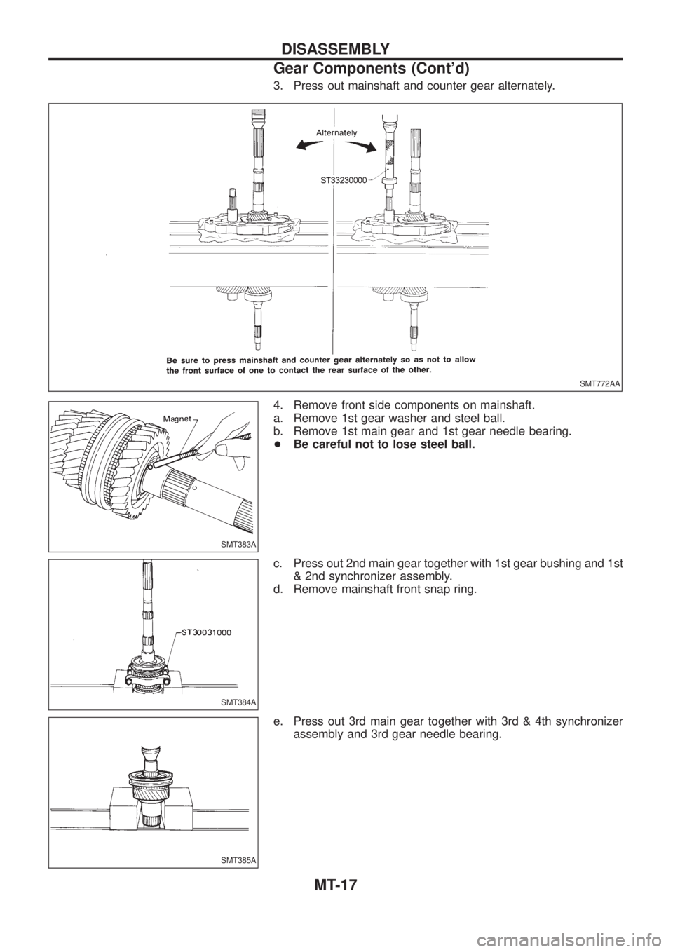 NISSAN PATROL 2006  Service Manual 3. Press out mainshaft and counter gear alternately.
4. Remove front side components on mainshaft.
a. Remove 1st gear washer and steel ball.
b. Remove 1st main gear and 1st gear needle bearing.
+Be ca