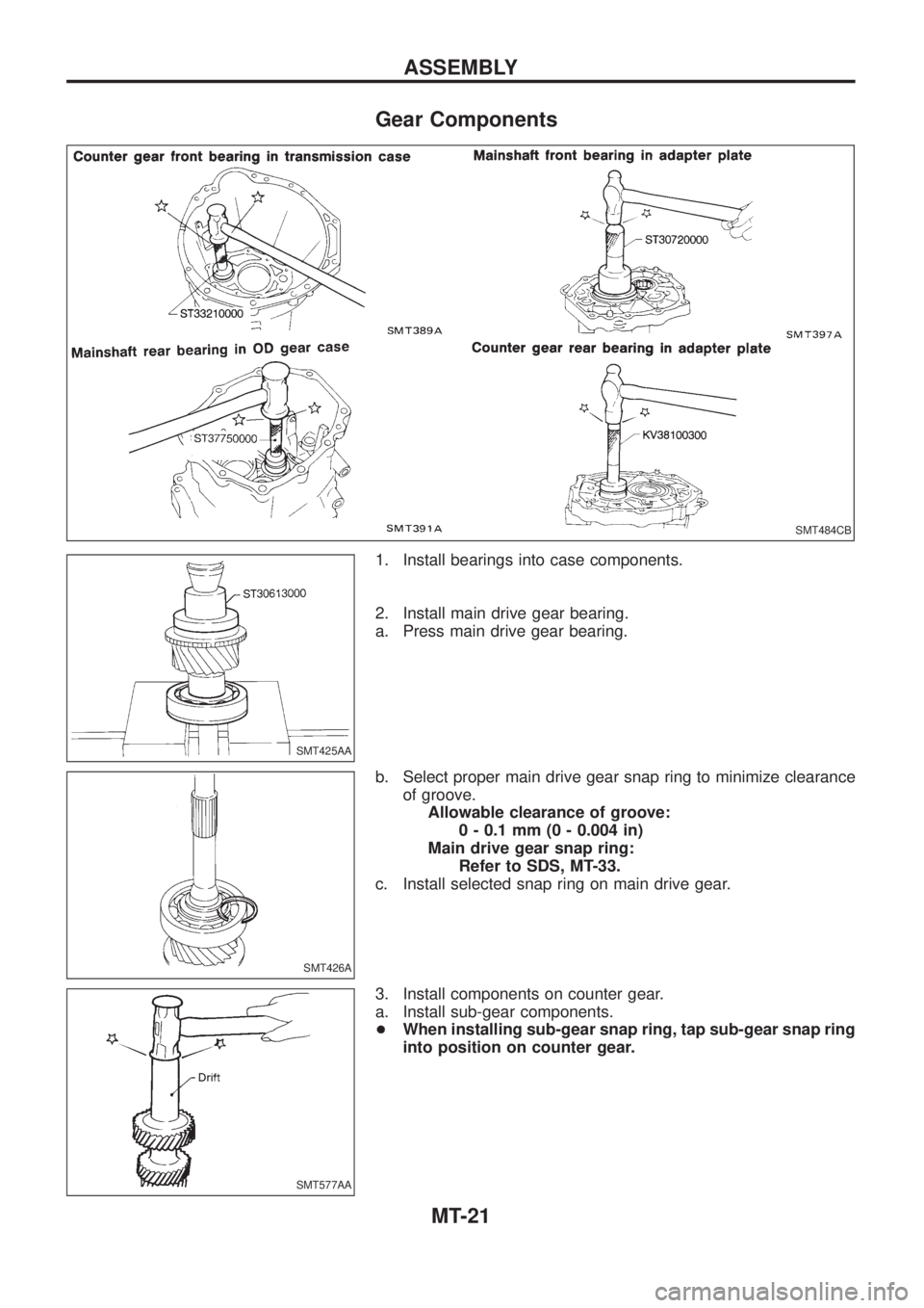 NISSAN PATROL 2006  Service Manual Gear Components
1. Install bearings into case components.
2. Install main drive gear bearing.
a. Press main drive gear bearing.
b. Select proper main drive gear snap ring to minimize clearance
of groo