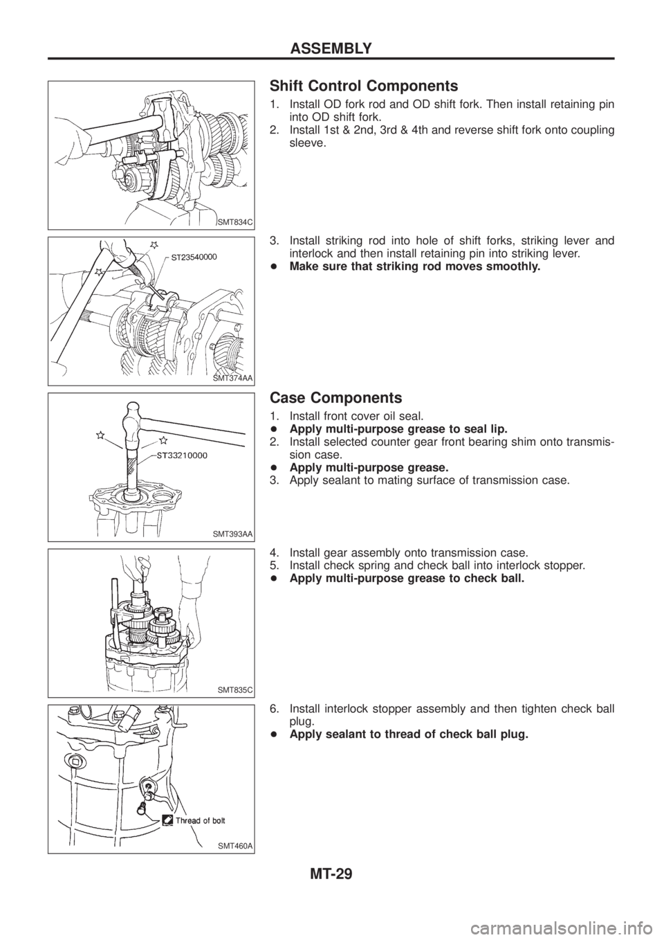 NISSAN PATROL 2006  Service Manual Shift Control Components
1. Install OD fork rod and OD shift fork. Then install retaining pin
into OD shift fork.
2. Install 1st & 2nd, 3rd & 4th and reverse shift fork onto coupling
sleeve.
3. Instal