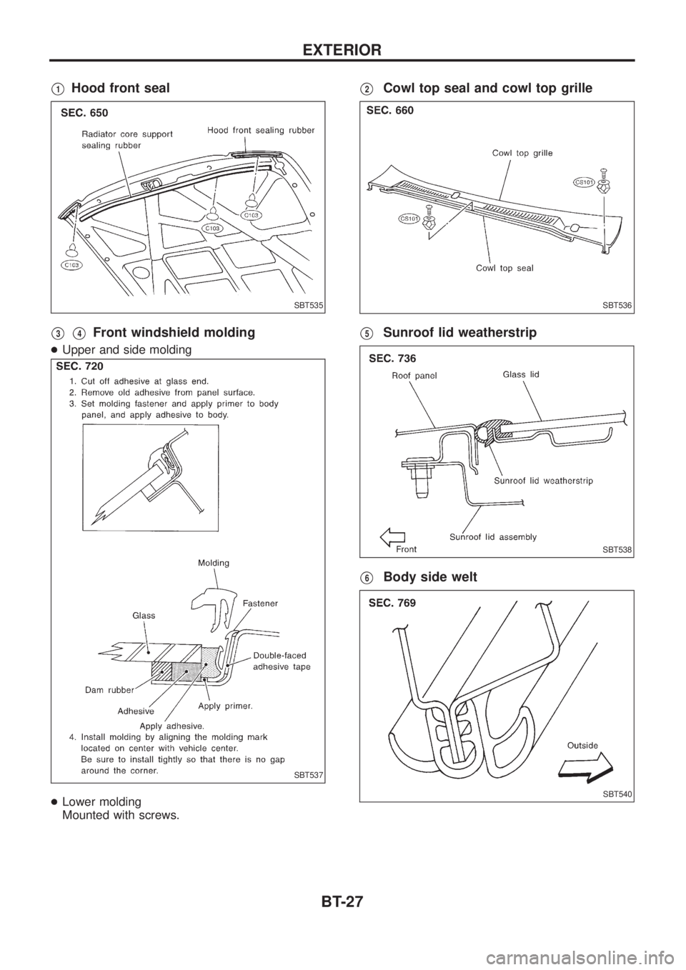 NISSAN PATROL 2006 Service Manual V1Hood front seal
V3V4Front windshield molding
+Upper and side molding
+Lower molding
Mounted with screws.
V2Cowl top seal and cowl top grille
V5Sunroof lid weatherstrip
V6Body side welt
SBT535
SBT537 NISSAN PATROL 2006 Service Manual V1Hood front seal
V3V4Front windshield molding
+Upper and side molding
+Lower molding
Mounted with screws.
V2Cowl top seal and cowl top grille
V5Sunroof lid weatherstrip
V6Body side welt
SBT535
SBT537