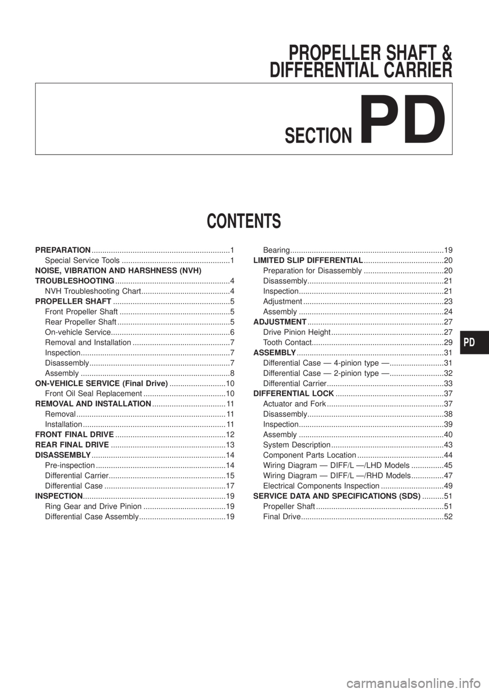 NISSAN PATROL 2006 Service Manual PROPELLER SHAFT &
DIFFERENTIAL CARRIER
SECTION
PD
CONTENTS
PREPARATION................................................................1
Special Service Tools .......................................... NISSAN PATROL 2006 Service Manual PROPELLER SHAFT &
DIFFERENTIAL CARRIER
SECTION
PD
CONTENTS
PREPARATION................................................................1
Special Service Tools ..........................................