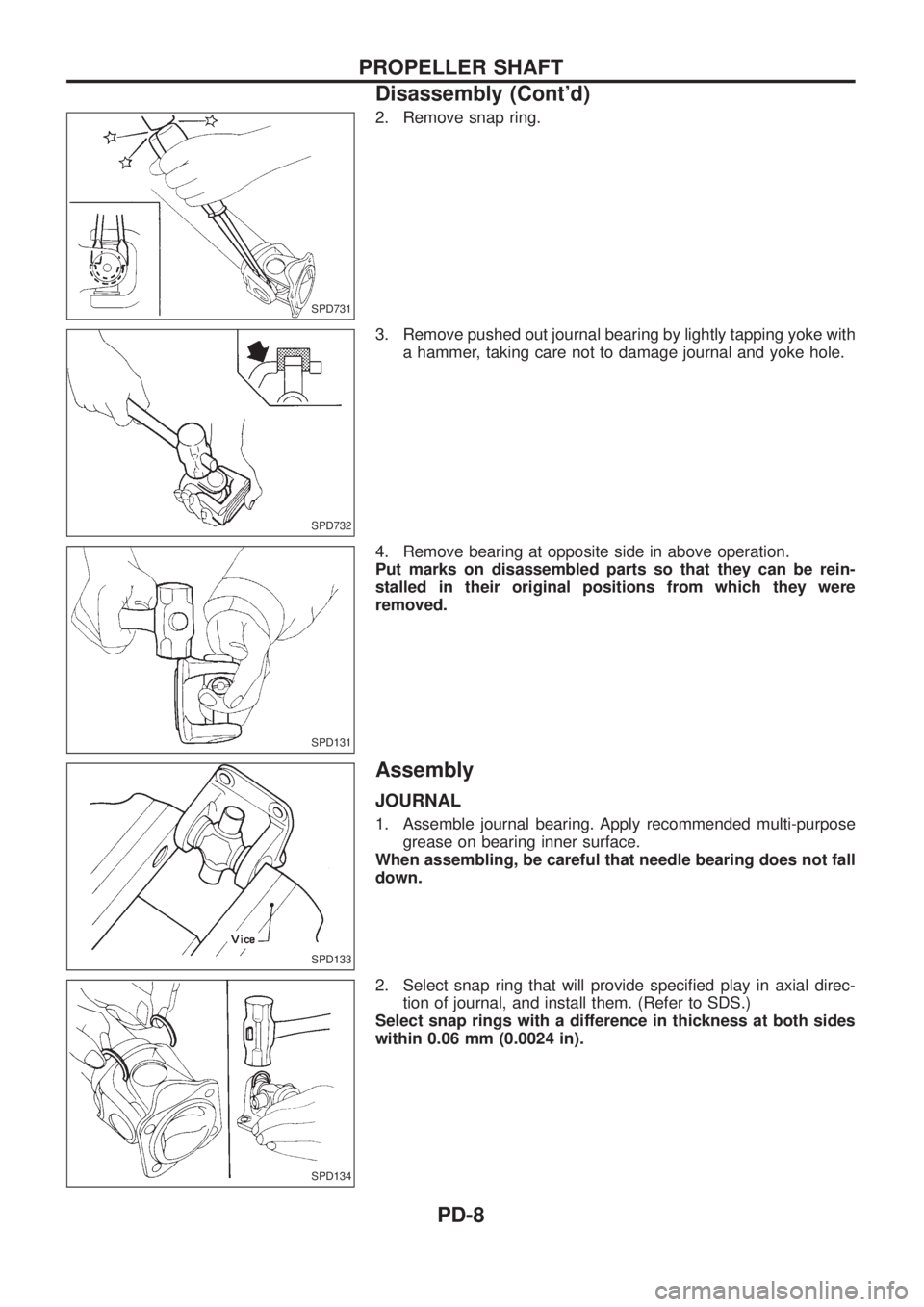 NISSAN PATROL 2006 Workshop Manual 2. Remove snap ring.
3. Remove pushed out journal bearing by lightly tapping yoke with
a hammer, taking care not to damage journal and yoke hole.
4. Remove bearing at opposite side in above operation.