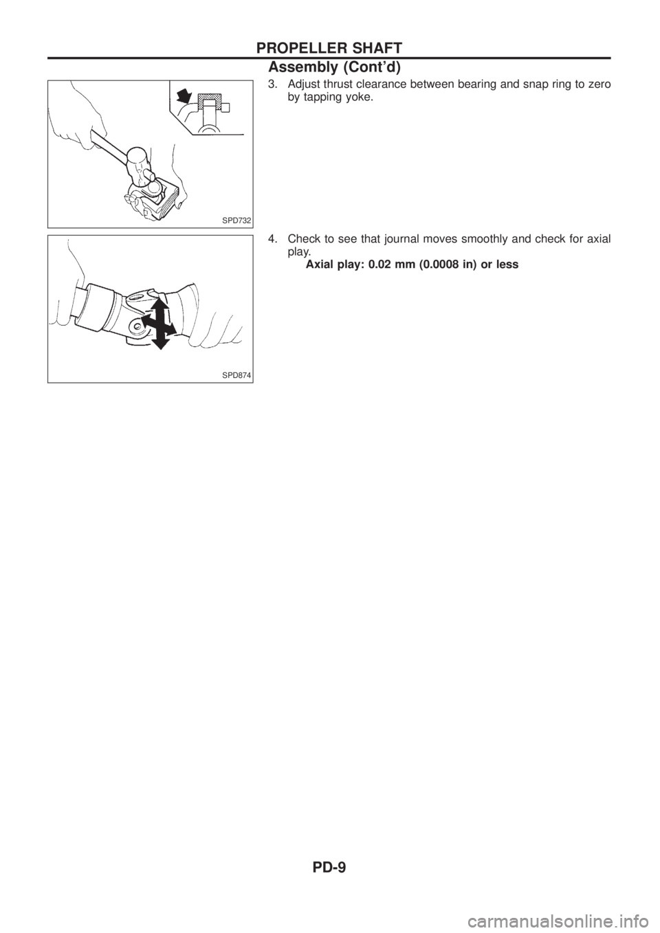 NISSAN PATROL 2006  Service Manual 3. Adjust thrust clearance between bearing and snap ring to zero
by tapping yoke.
4. Check to see that journal moves smoothly and check for axial
play.
Axial play: 0.02 mm (0.0008 in) or less
SPD732
S