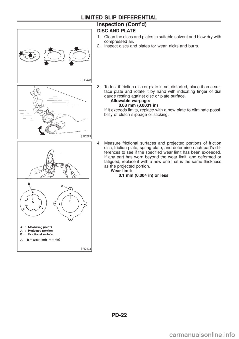 NISSAN PATROL 2006  Service Manual DISC AND PLATE
1. Clean the discs and plates in suitable solvent and blow dry with
compressed air.
2. Inspect discs and plates for wear, nicks and burrs.
3. To test if friction disc or plate is not di