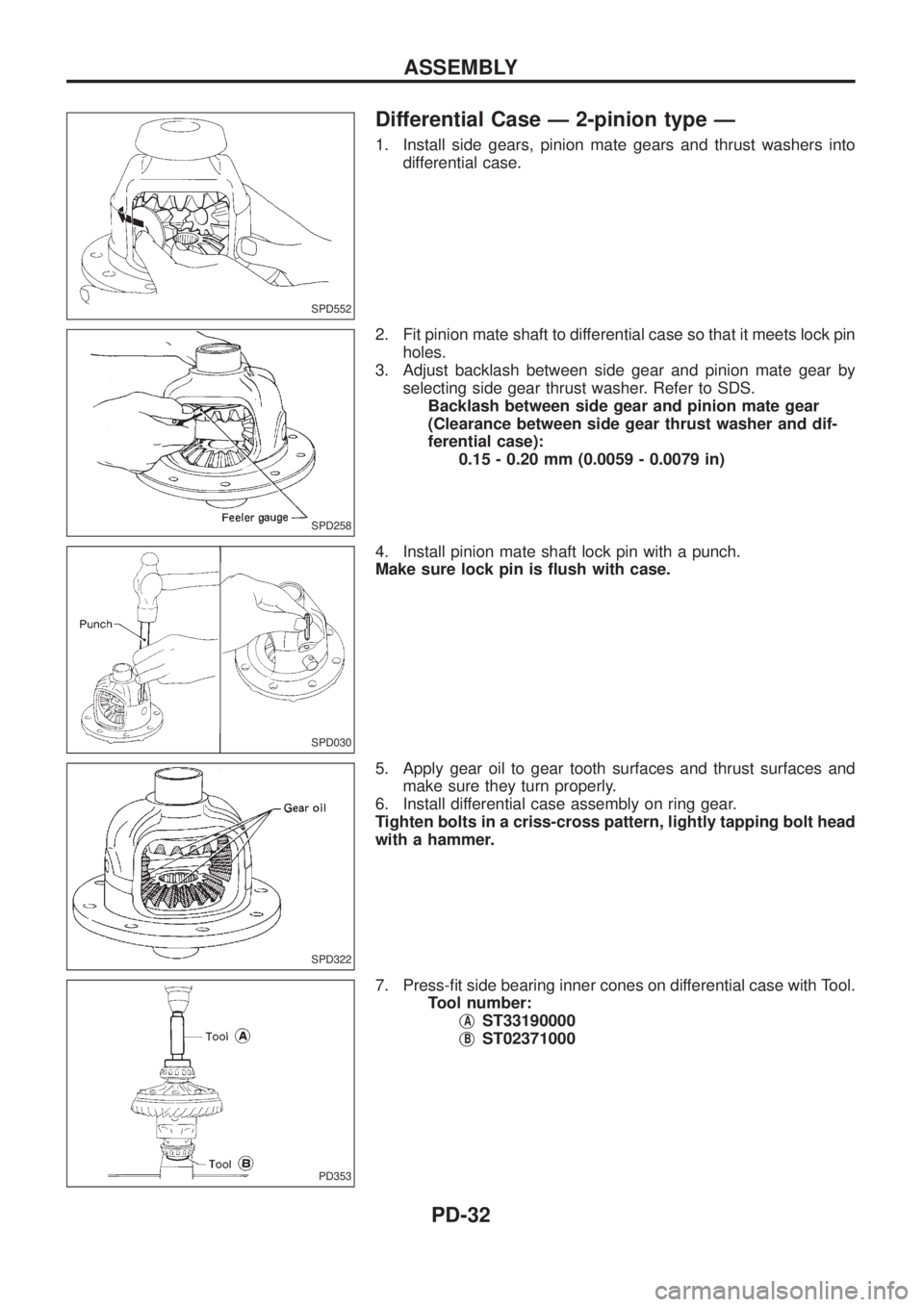 NISSAN PATROL 2006 Service Manual Differential Case Ð 2-pinion type Ð
1. Install side gears, pinion mate gears and thrust washers into
differential case.
2. Fit pinion mate shaft to differential case so that it meets lock pin
holes. NISSAN PATROL 2006 Service Manual Differential Case Ð 2-pinion type Ð
1. Install side gears, pinion mate gears and thrust washers into
differential case.
2. Fit pinion mate shaft to differential case so that it meets lock pin
holes.