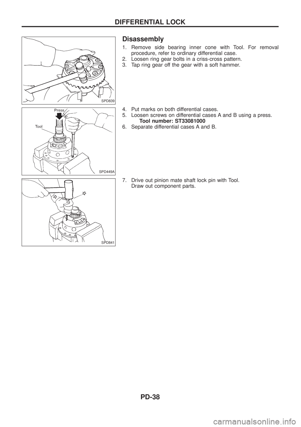 NISSAN PATROL 2006 Service Manual Disassembly
1. Remove side bearing inner cone with Tool. For removal
procedure, refer to ordinary differential case.
2. Loosen ring gear bolts in a criss-cross pattern.
3. Tap ring gear off the gear w NISSAN PATROL 2006 Service Manual Disassembly
1. Remove side bearing inner cone with Tool. For removal
procedure, refer to ordinary differential case.
2. Loosen ring gear bolts in a criss-cross pattern.
3. Tap ring gear off the gear w
