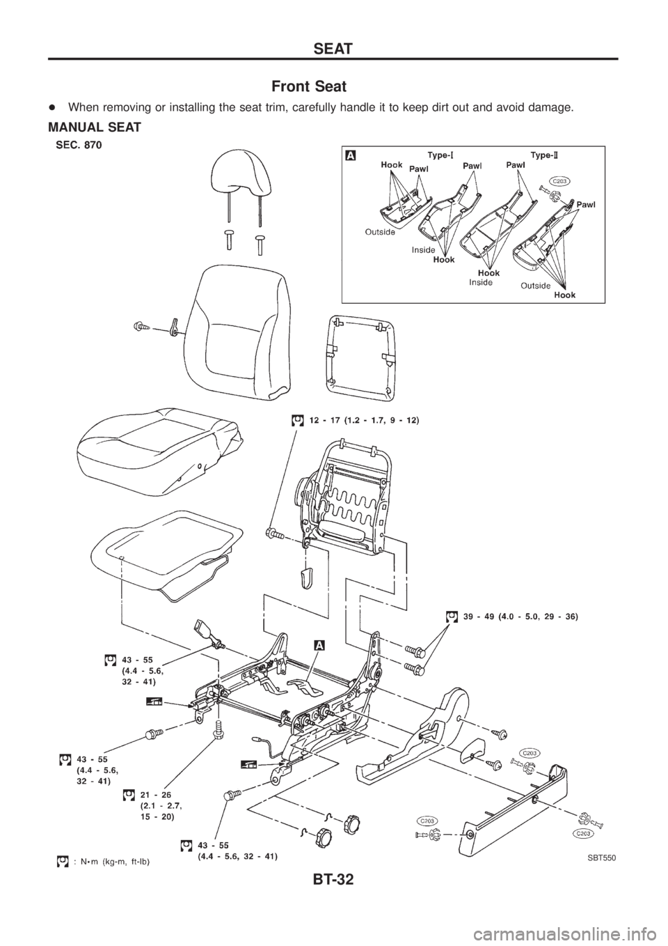NISSAN PATROL 2006 Service Manual Front Seat
+When removing or installing the seat trim, carefully handle it to keep dirt out and avoid damage.
MANUAL SEAT
SBT550
SEAT
BT-32 NISSAN PATROL 2006 Service Manual Front Seat
+When removing or installing the seat trim, carefully handle it to keep dirt out and avoid damage.
MANUAL SEAT
SBT550
SEAT
BT-32