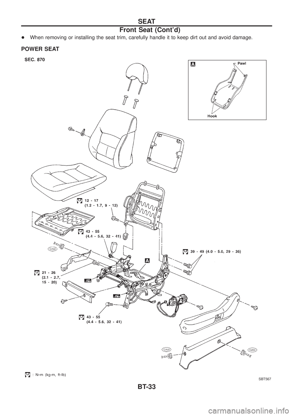 NISSAN PATROL 2006  Service Manual +When removing or installing the seat trim, carefully handle it to keep dirt out and avoid damage.
POWER SEAT
SBT567
SEAT
Front Seat (Contd)
BT-33 