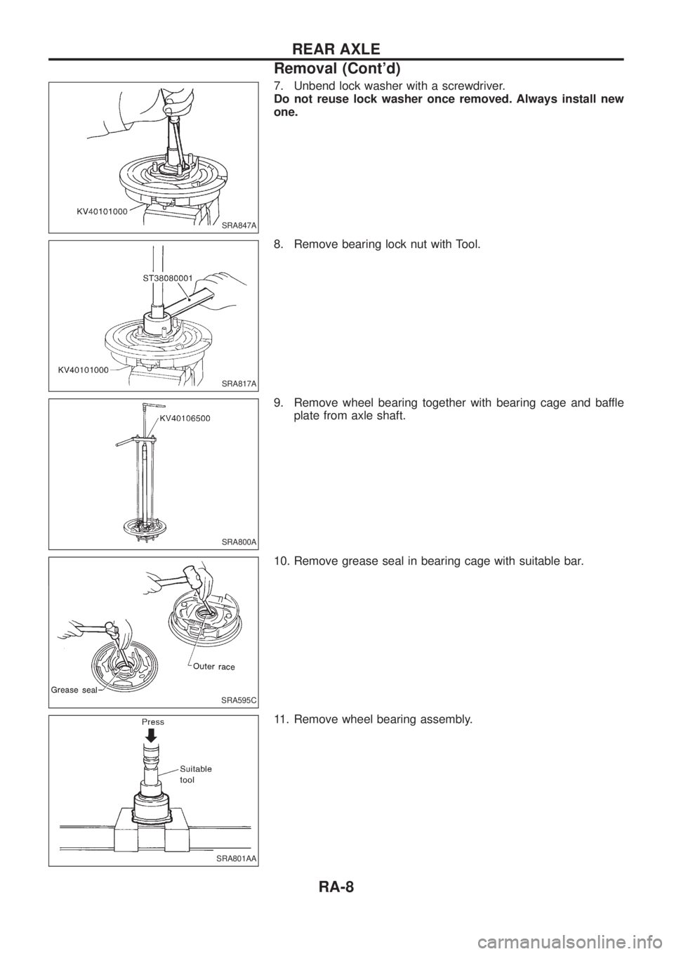 NISSAN PATROL 2006  Service Manual 7. Unbend lock washer with a screwdriver.
Do not reuse lock washer once removed. Always install new
one.
8. Remove bearing lock nut with Tool.
9. Remove wheel bearing together with bearing cage and ba