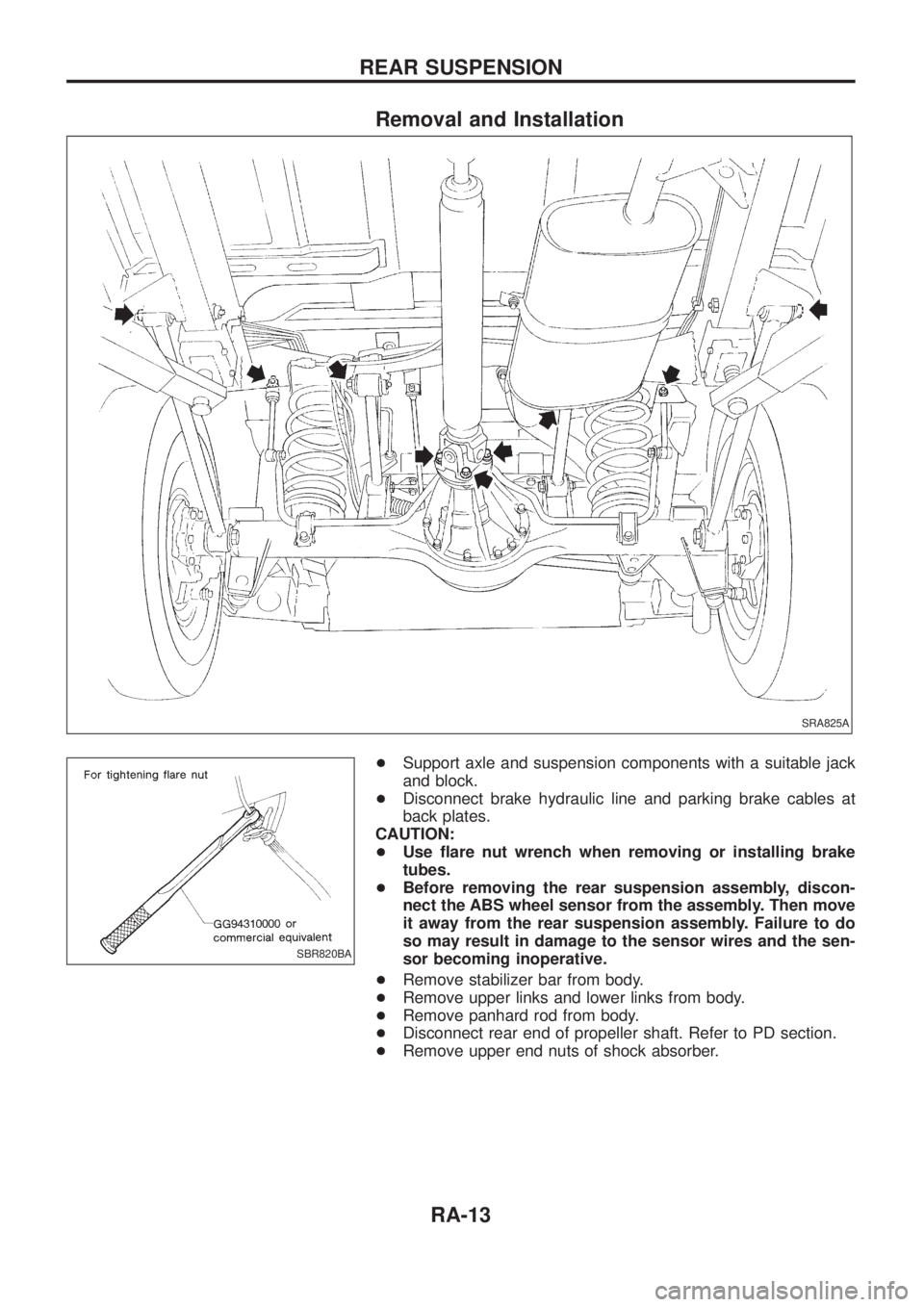 NISSAN PATROL 2006 Repair Manual Removal and Installation
+Support axle and suspension components with a suitable jack
and block.
+Disconnect brake hydraulic line and parking brake cables at
back plates.
CAUTION:
+Use ¯are nut wrenc