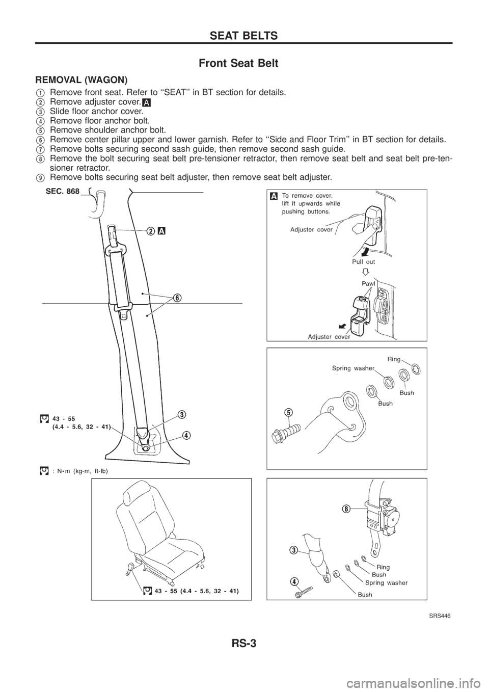 NISSAN PATROL 2006  Service Manual Front Seat Belt
REMOVAL (WAGON)
V1Remove front seat. Refer to ``SEAT in BT section for details.
V2Remove adjuster cover.
V3Slide ¯oor anchor cover.
V4Remove ¯oor anchor bolt.
V5Remove shoulder anc