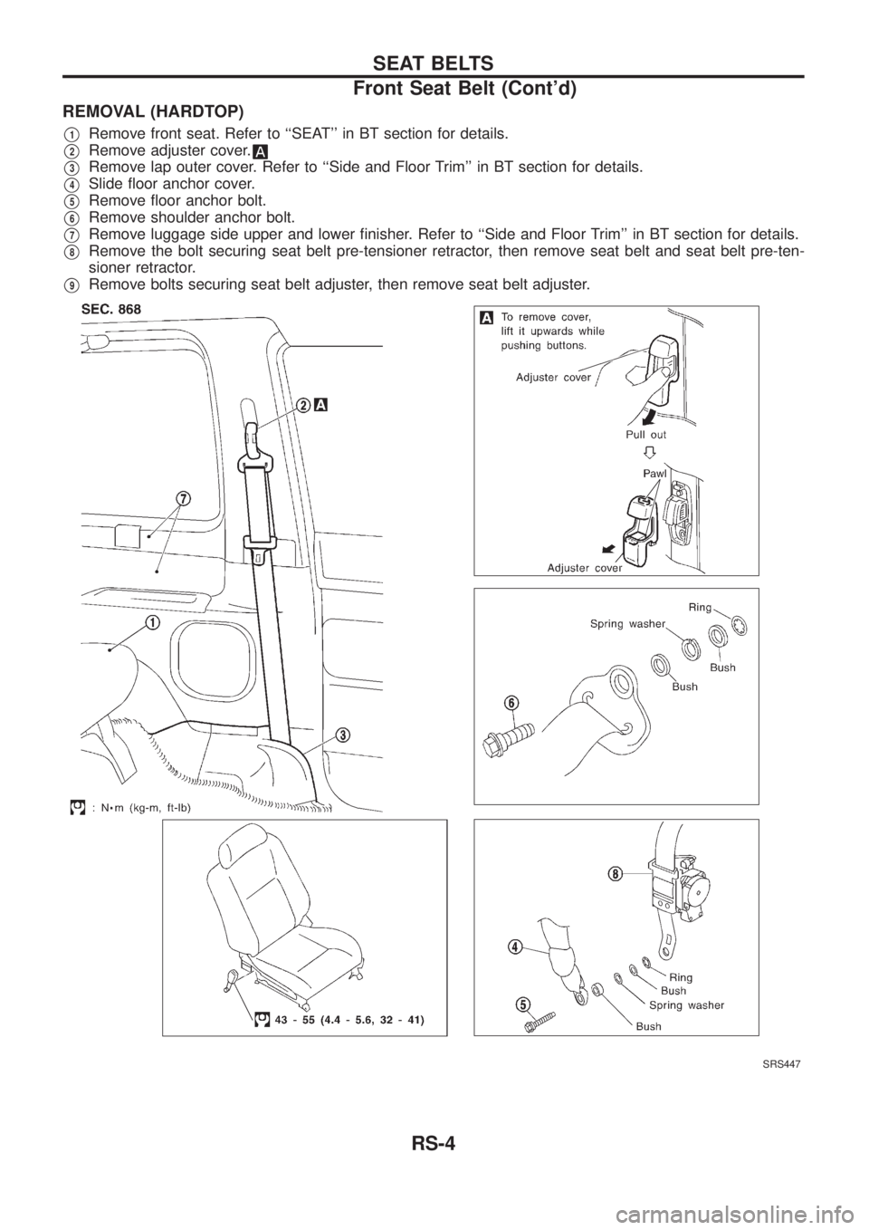 NISSAN PATROL 2006  Service Manual REMOVAL (HARDTOP)
V1Remove front seat. Refer to ``SEAT in BT section for details.
V2Remove adjuster cover.
V3Remove lap outer cover. Refer to ``Side and Floor Trim in BT section for details.
V4Sli